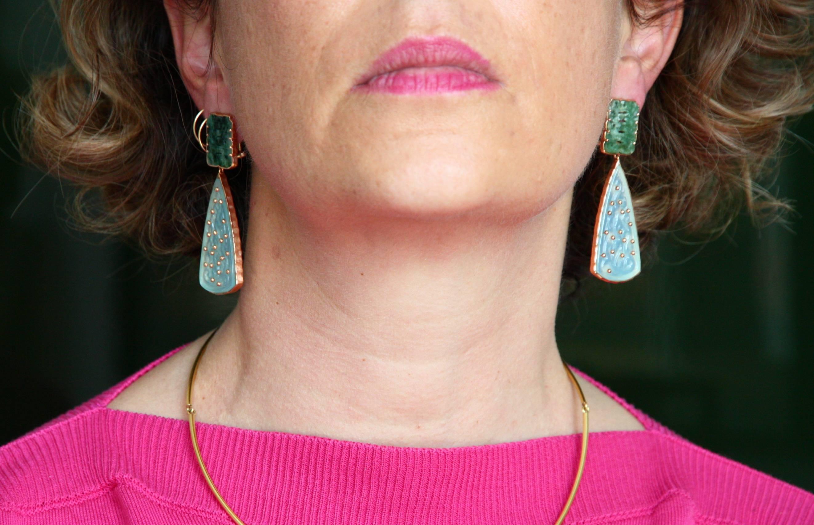 Antiques Jade Carved Opal 18 Karat Gold Drop Earrings 5