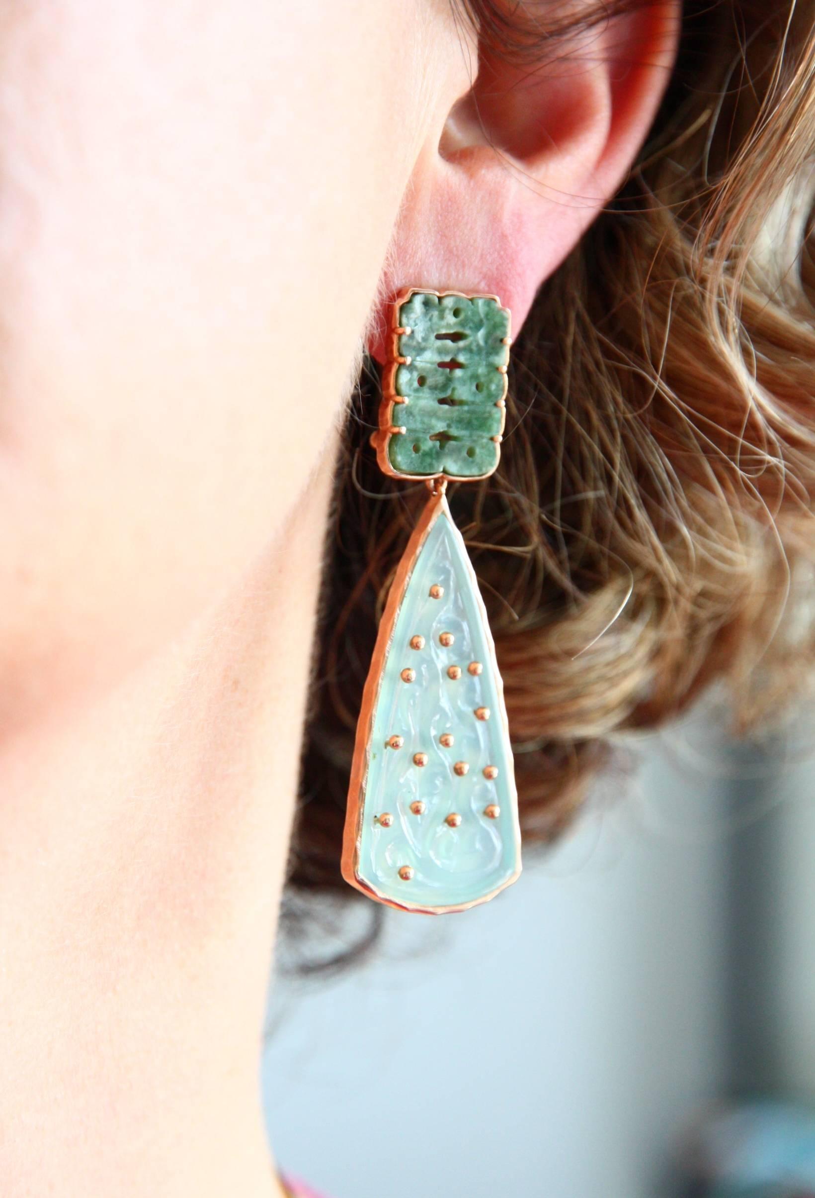 Earrings with blu carved opal drops, antiques Chinese carved jade, 18kt gold gr. 18,80 on the back  side decorated with cherry trees flowers. Total length 6 cm.
All Giulia Colussi jewelry is new and has never been previously owned or worn. Each item