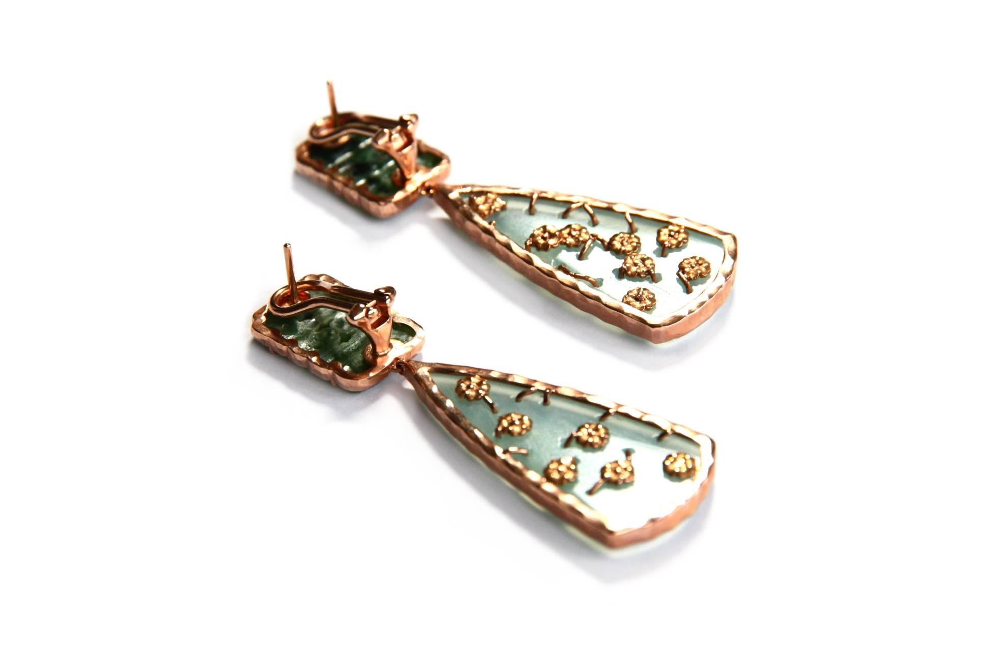 Art Deco Antiques Jade Carved Opal 18 Karat Gold Drop Earrings