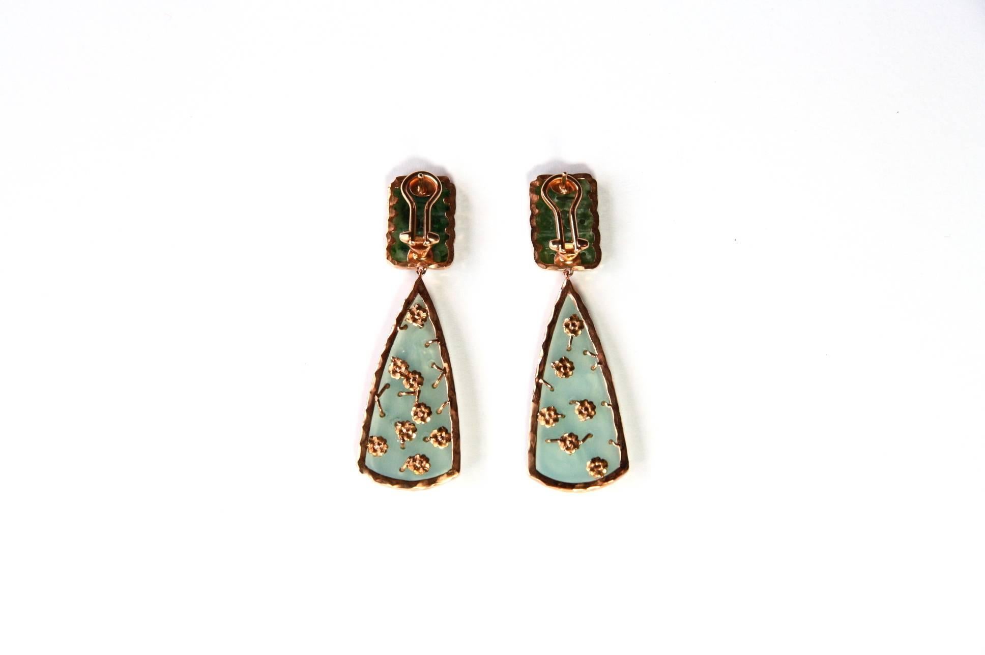 Pear Cut Antiques Jade Carved Opal 18 Karat Gold Drop Earrings