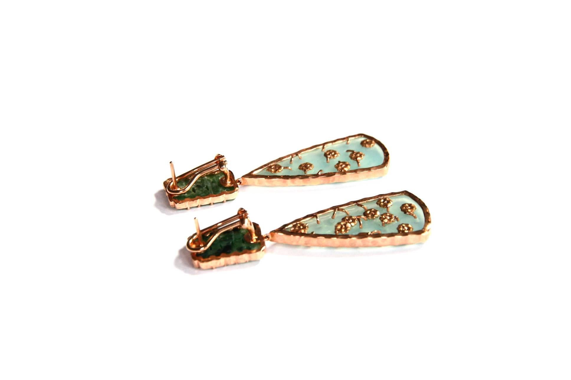 Women's Antiques Jade Carved Opal 18 Karat Gold Drop Earrings