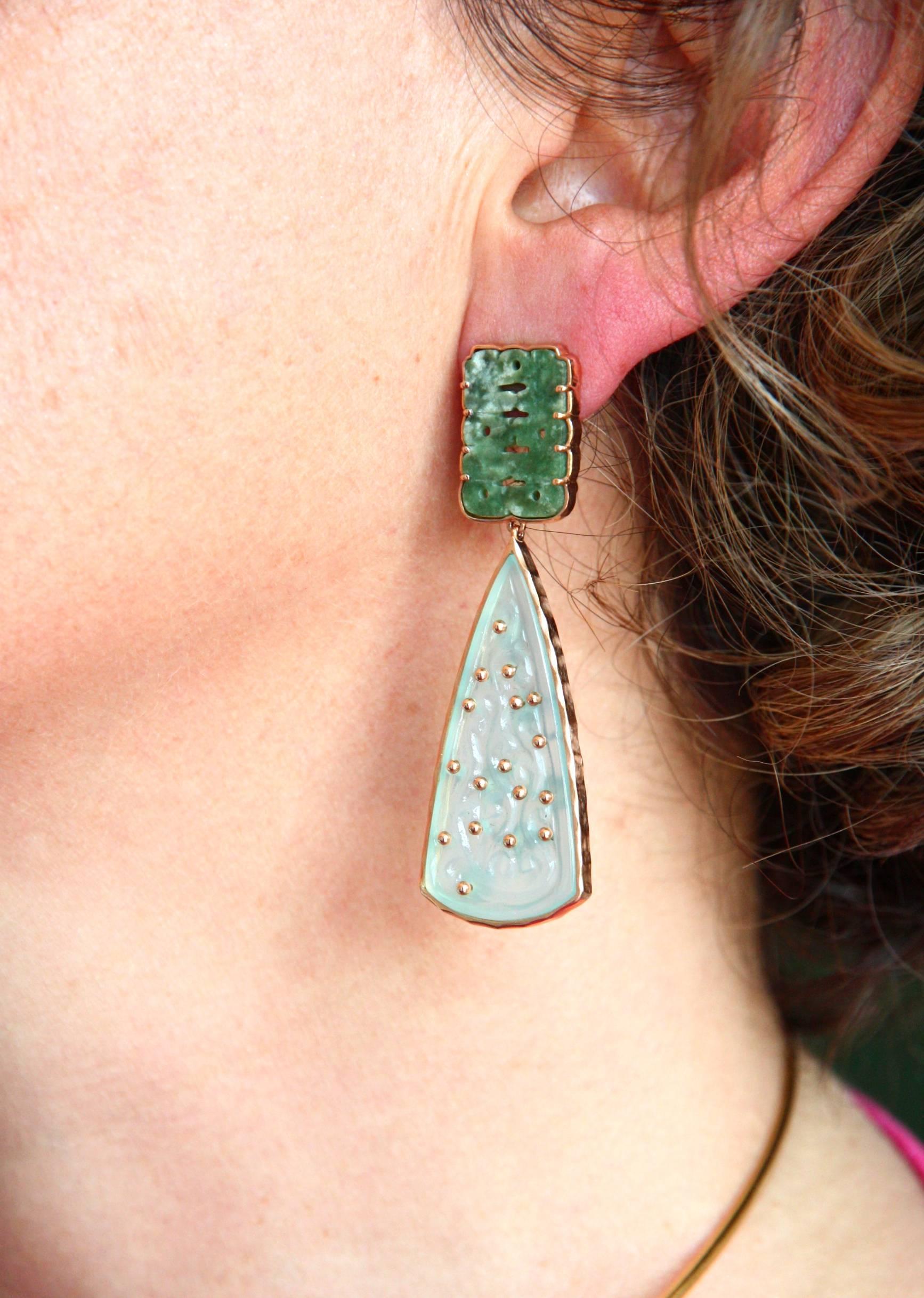 Antiques Jade Carved Opal 18 Karat Gold Drop Earrings 1
