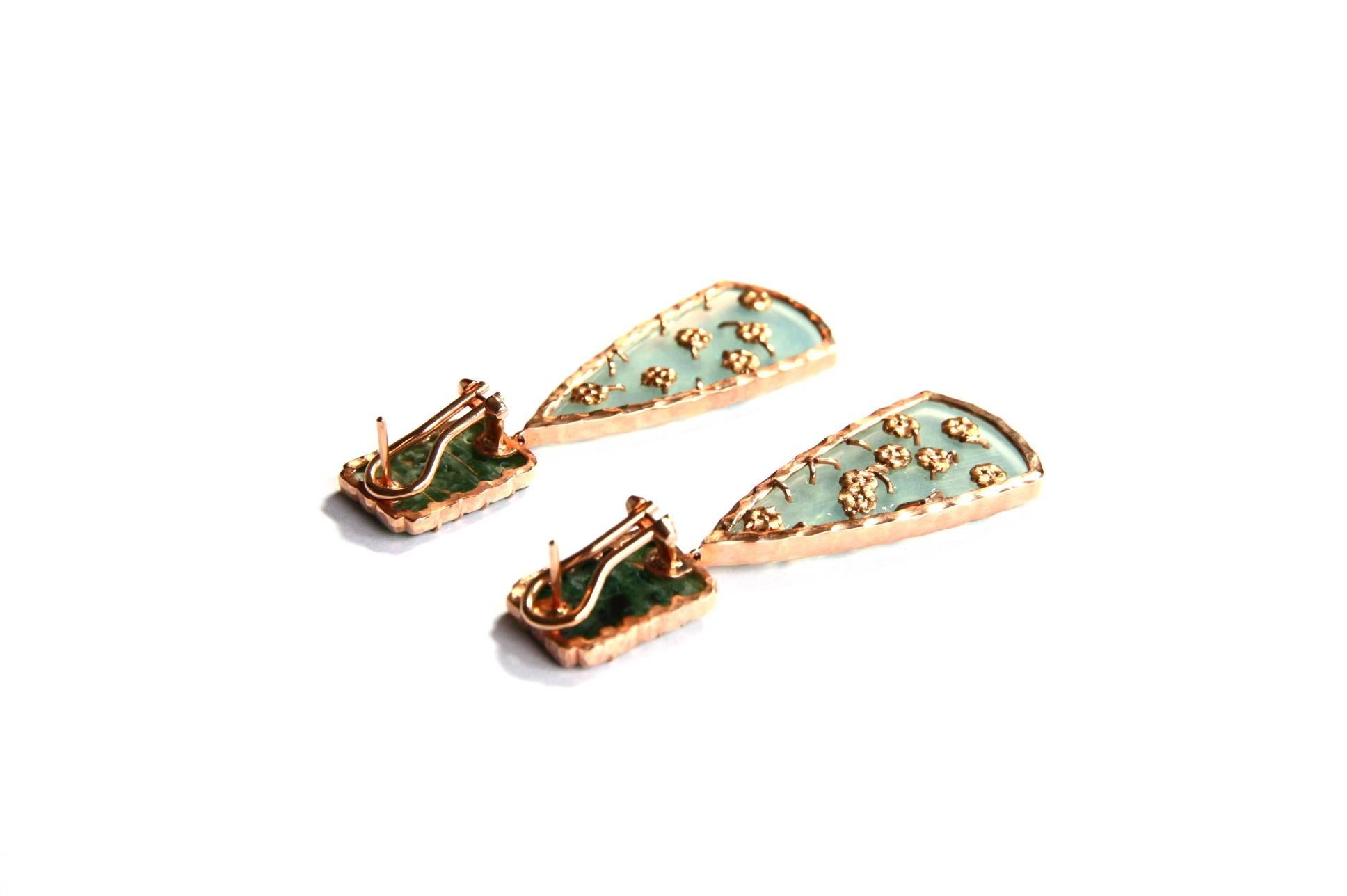 Antiques Jade Carved Opal 18 Karat Gold Drop Earrings 3