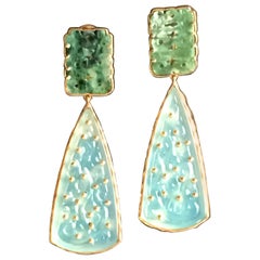Antiques Jade Carved Opal 18 Karat Gold Drop Earrings