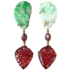 Antiques Jade Carved Tourmaline Star Ruby Gold Dangle Earrings