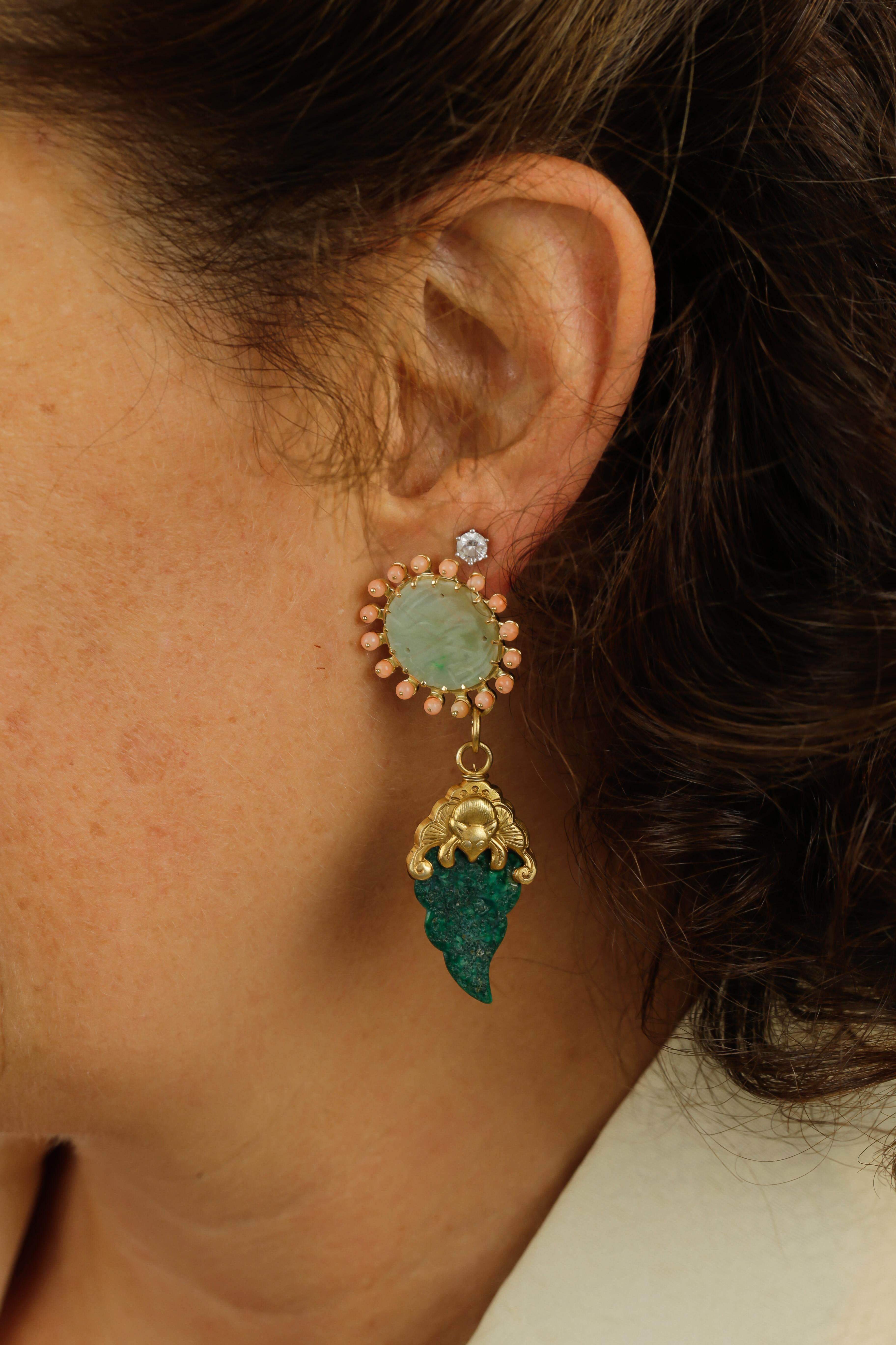 Antiques Jade Coral 18 Karat Gold Earrings For Sale 2