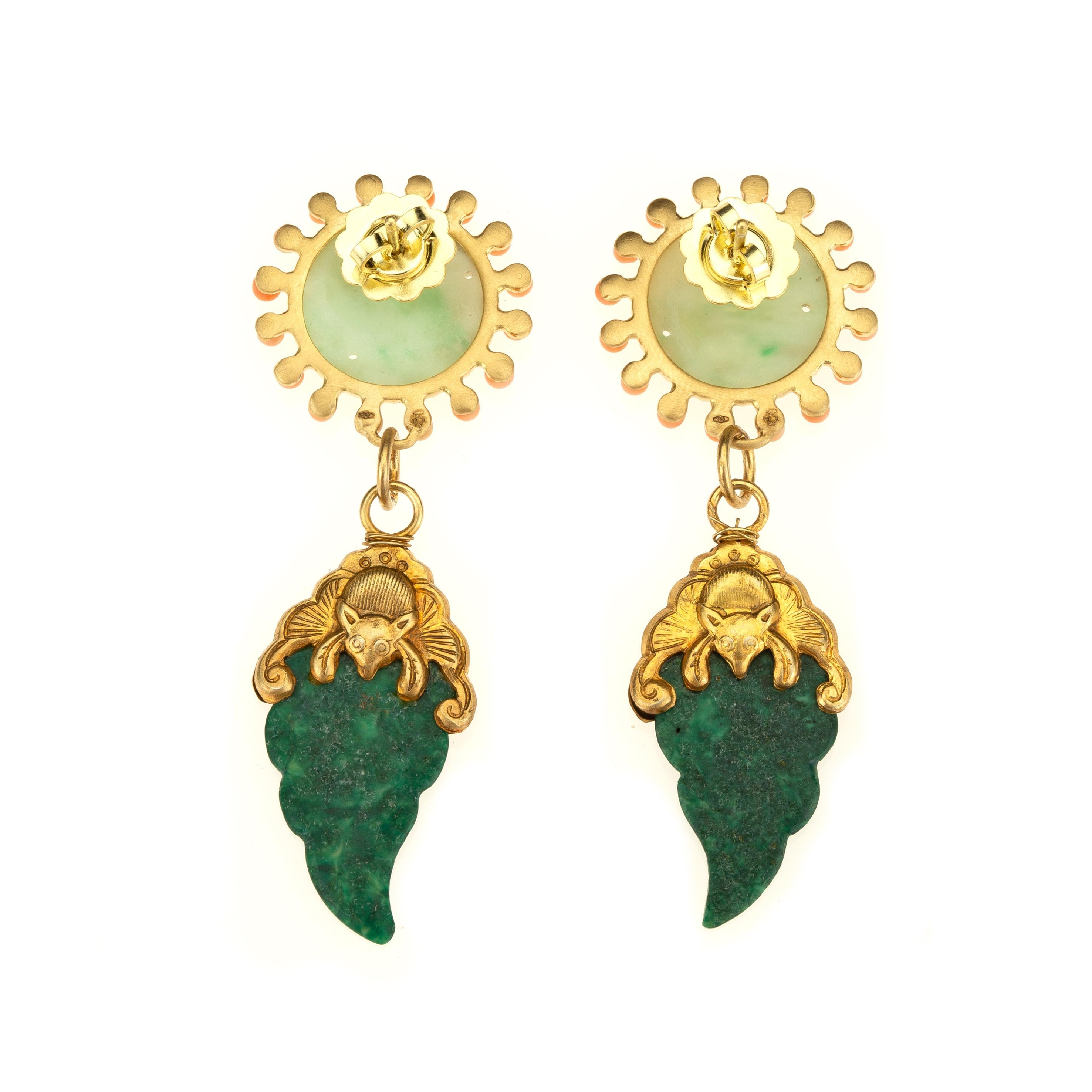 Antiques  carved Jade Coral 18 k Gold gr. 6,80, rare  antiques Chinese Quindg Dynasty walrus Ivory Earrings.
All Giulia Colussi jewelry is new and has never been previously owned or worn. Each item will arrive at your door beautifully gift wrapped