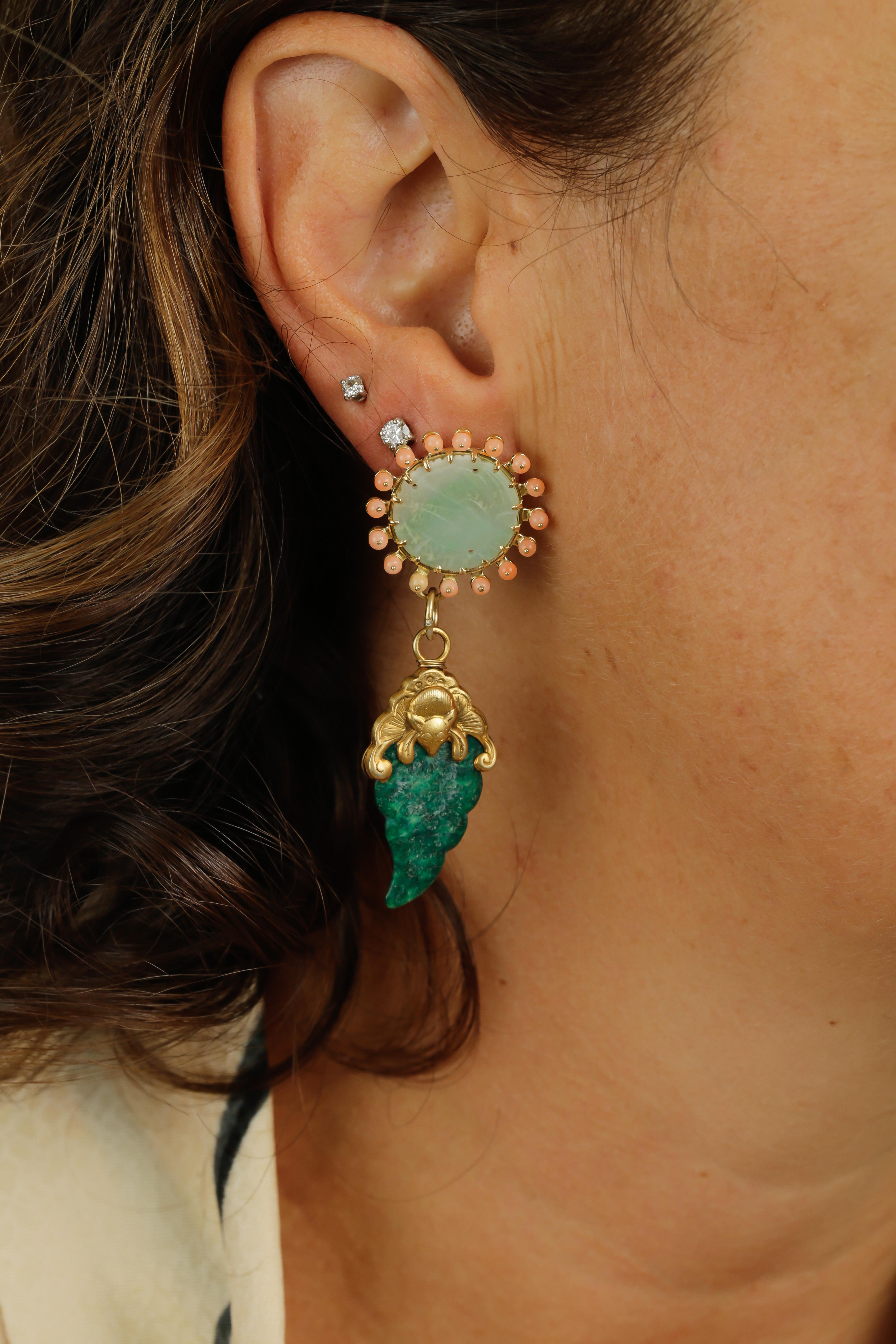 Women's or Men's Antiques Jade Coral 18 Karat Gold Earrings For Sale