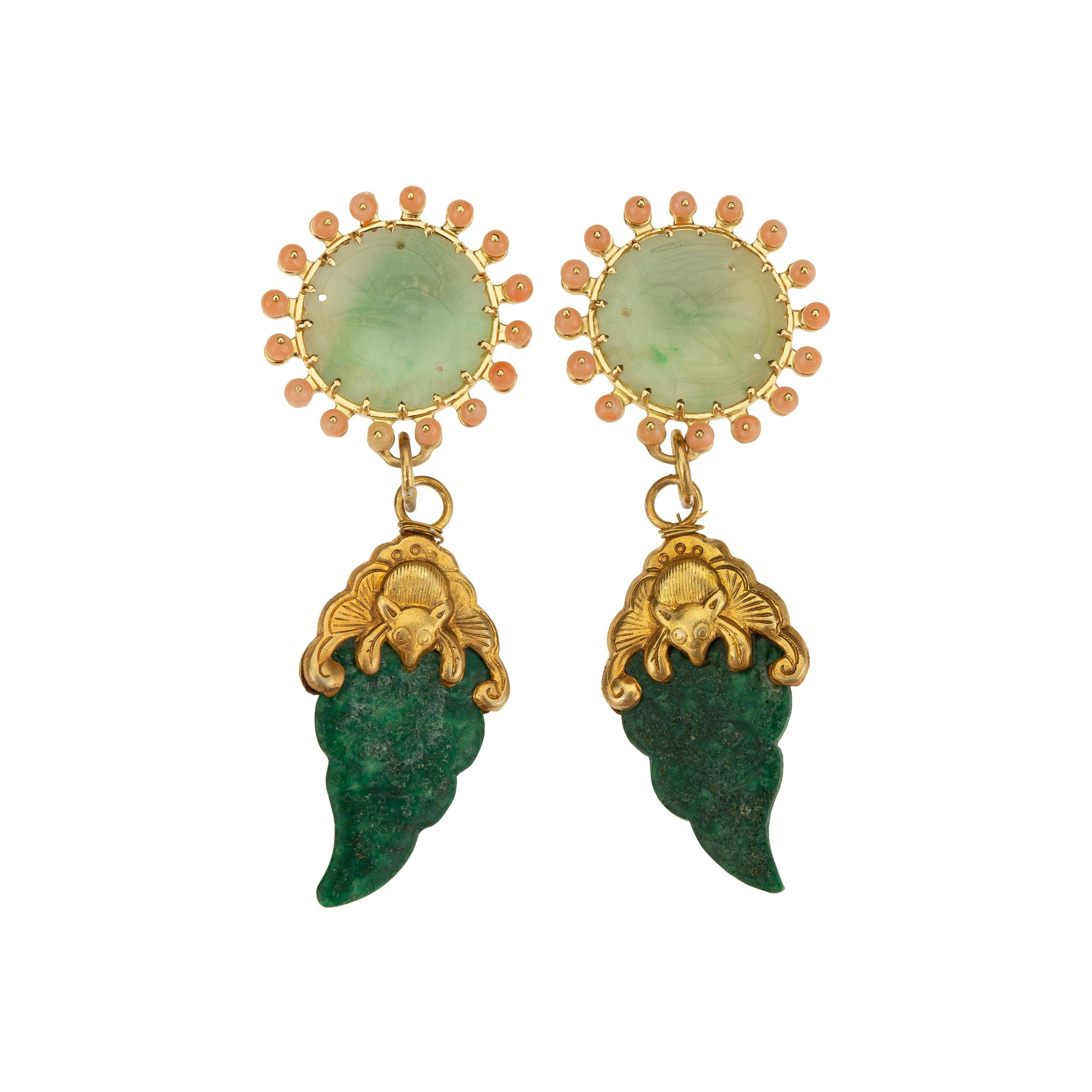 Antiques Jade Coral 18 Karat Gold Earrings