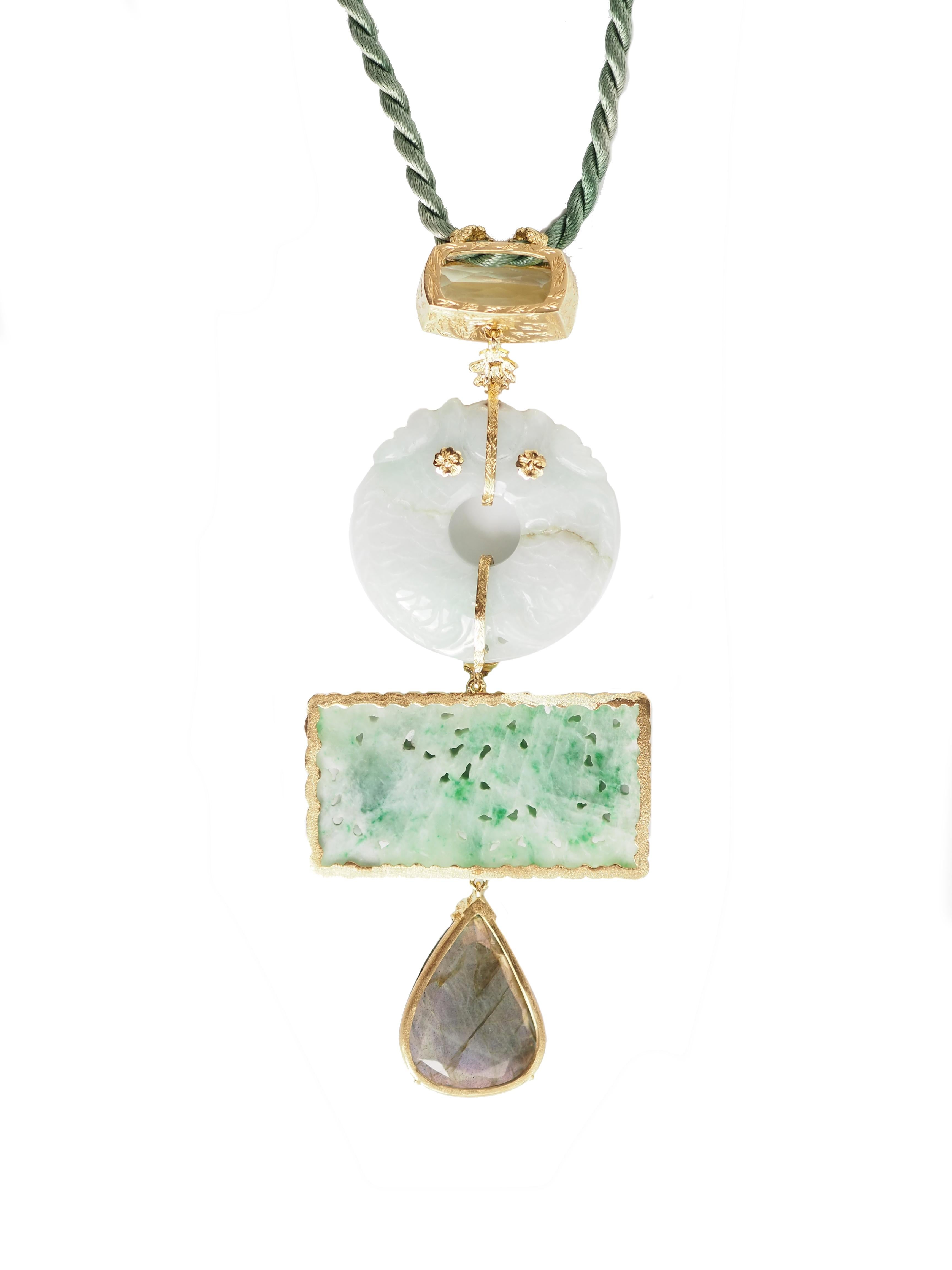 Antiques jade pieces, 18 kt gold gr. 22,80, labradorite faced drop, citrine stone.
You can wear with your own gold necklace or silk string. the pendant is about 9cm long.
All Giulia Colussi jewelry is new and has never been previously owned or worn.