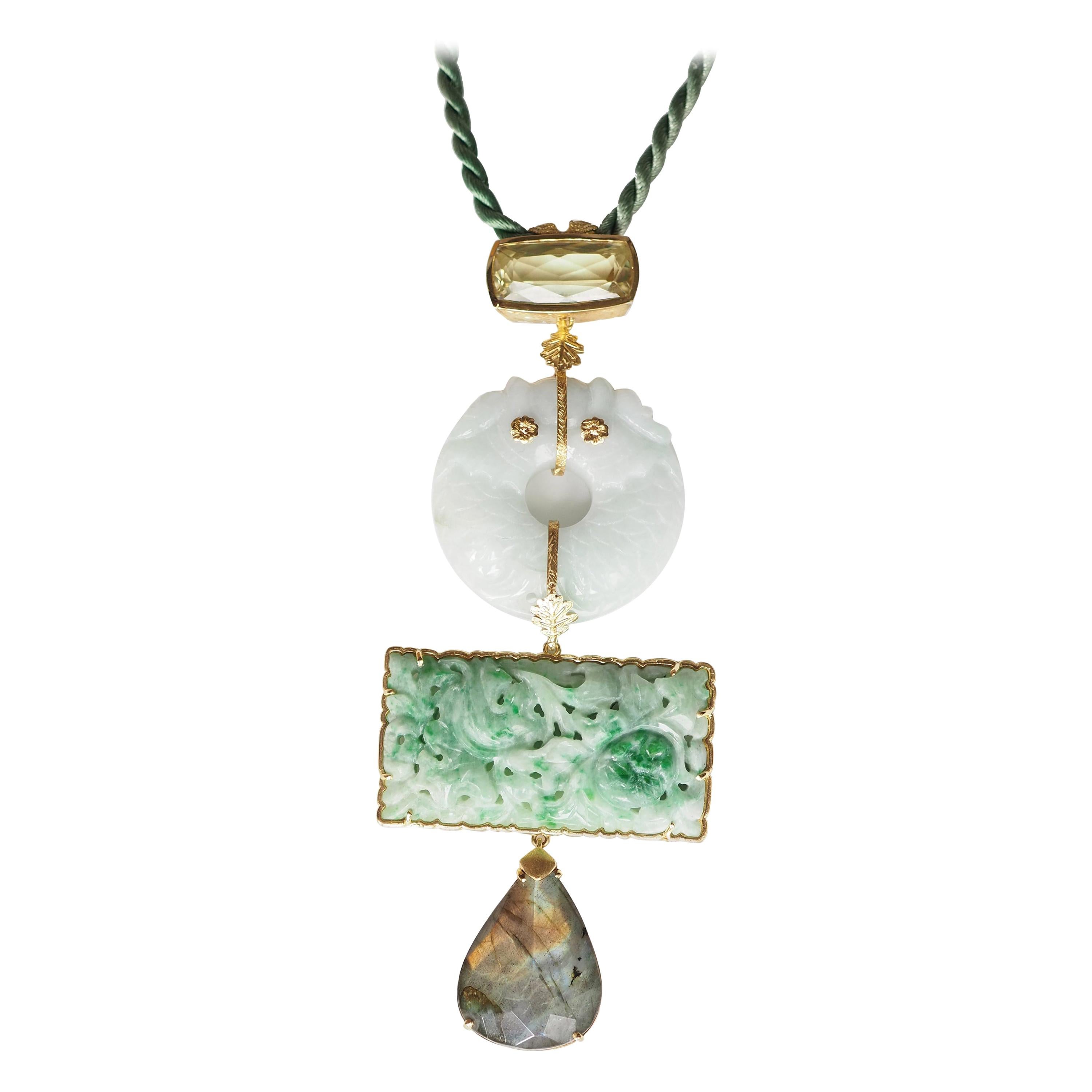 Antiques Jade Labradorite Citrine Pendant Necklace