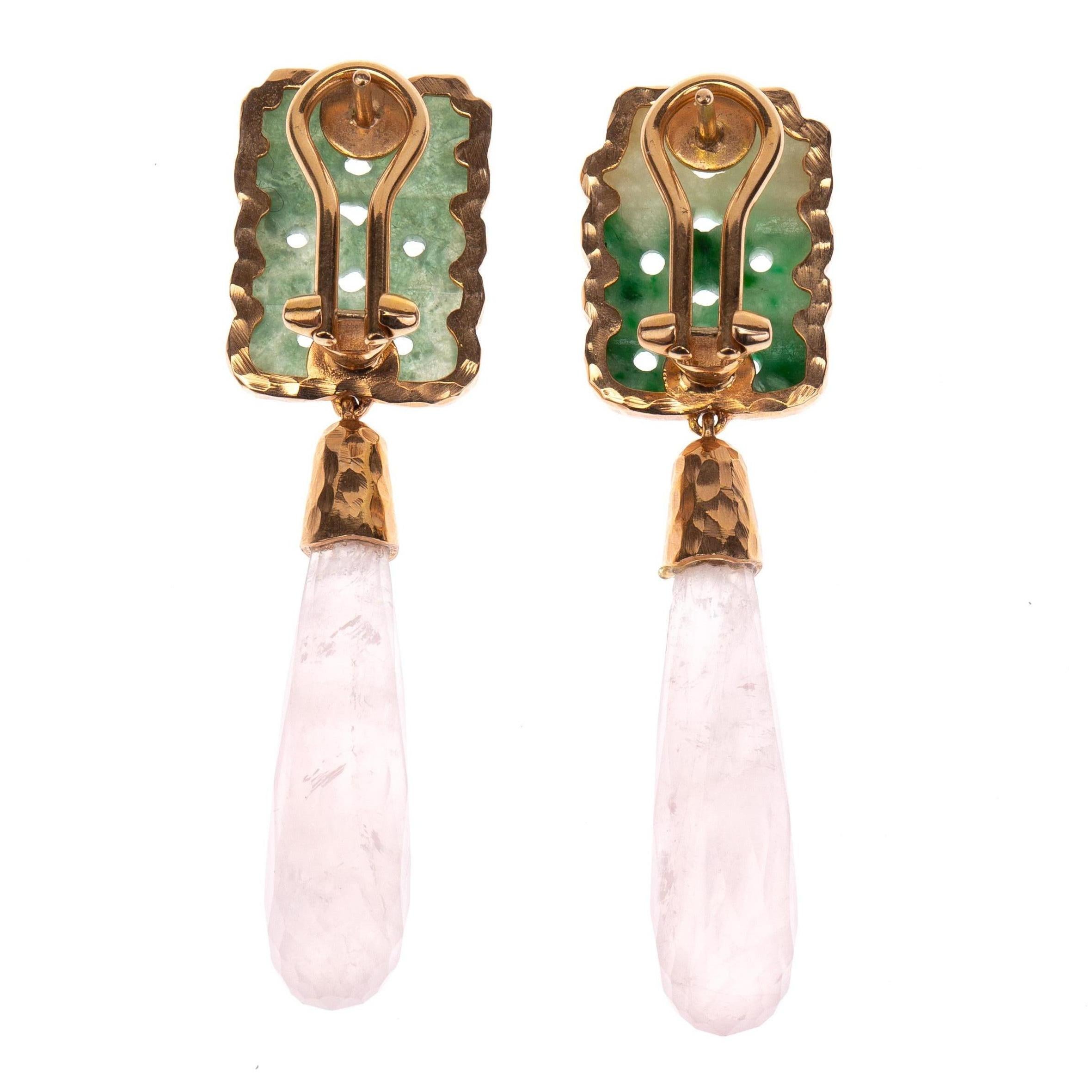 Art Deco Antiques Jade Rose Quartz Briolè Drops 18 Karat Rose Gold Earrings For Sale