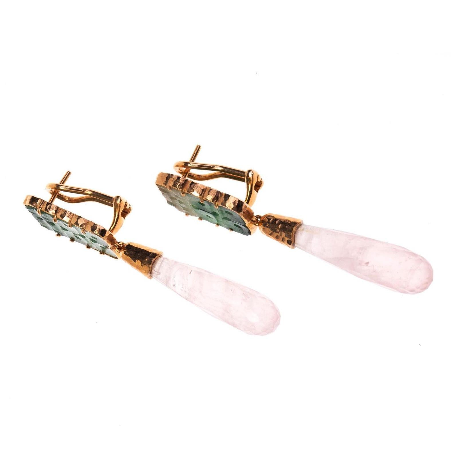 Antiques Jade Rose Quartz Briolè Drops 18 Karat Rose Gold Earrings In New Condition For Sale In Milan, IT