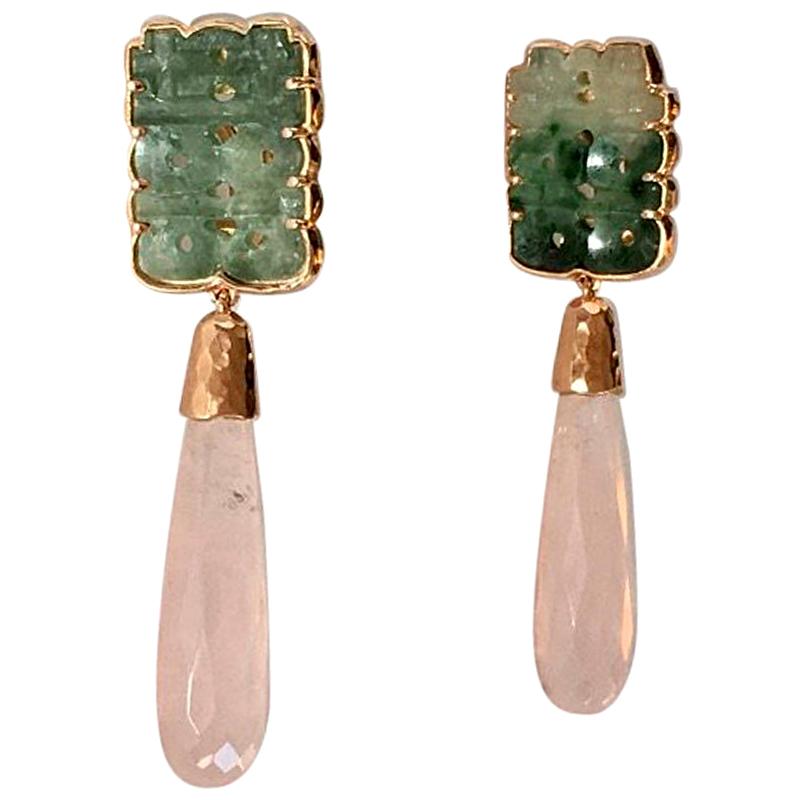 Boucles d'oreilles anciennes en or rose 18 carats avec briolettes en jade et quartz rose