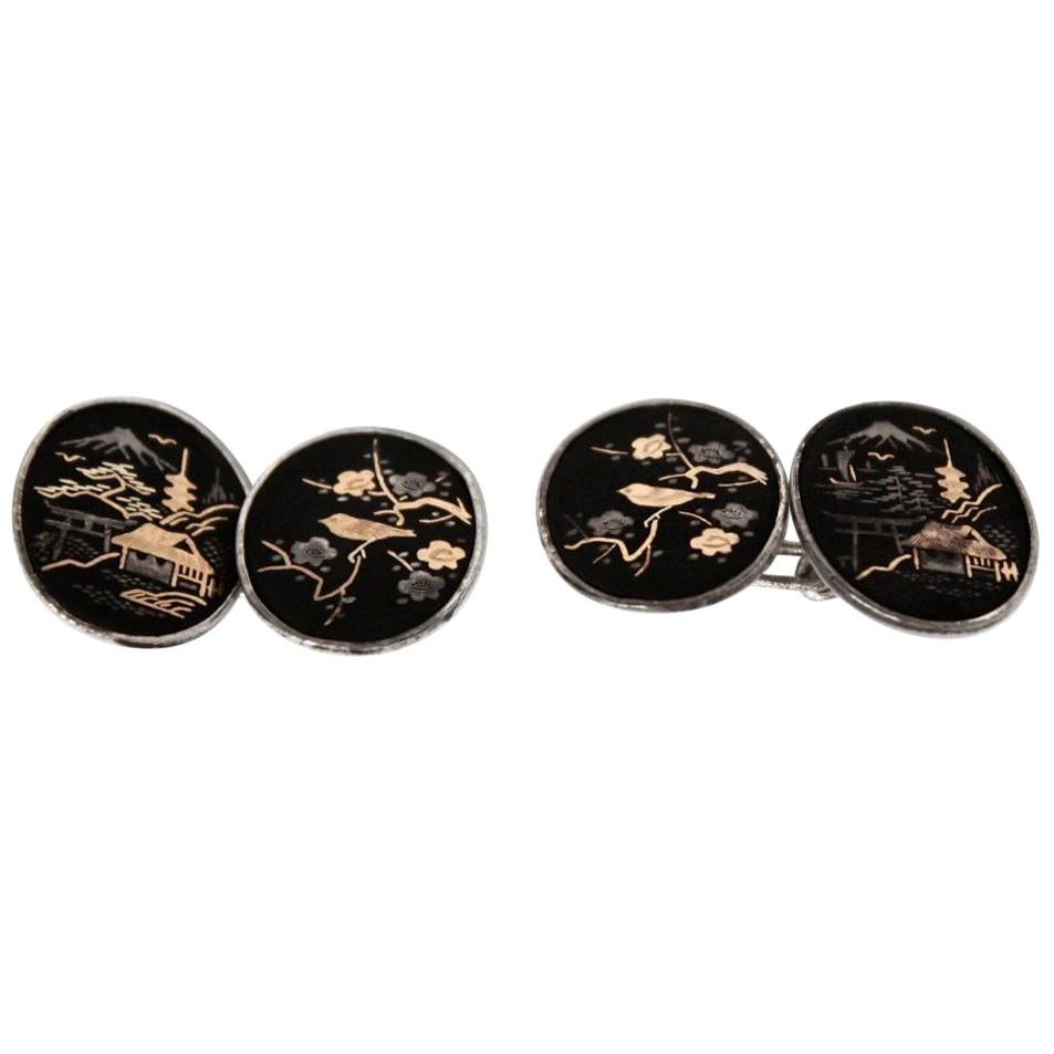 Antiques Japanies Lacquer 18 Karat Gold and Silver Cufflinks
