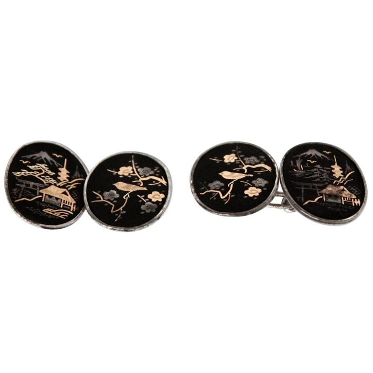 Antiques Japanies Lacquer 18 Karat Gold and Silver Cufflinks For Sale