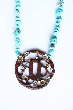 Antiques Japanies Tsuba Turquoise 18 Karat Gold Long Necklace
