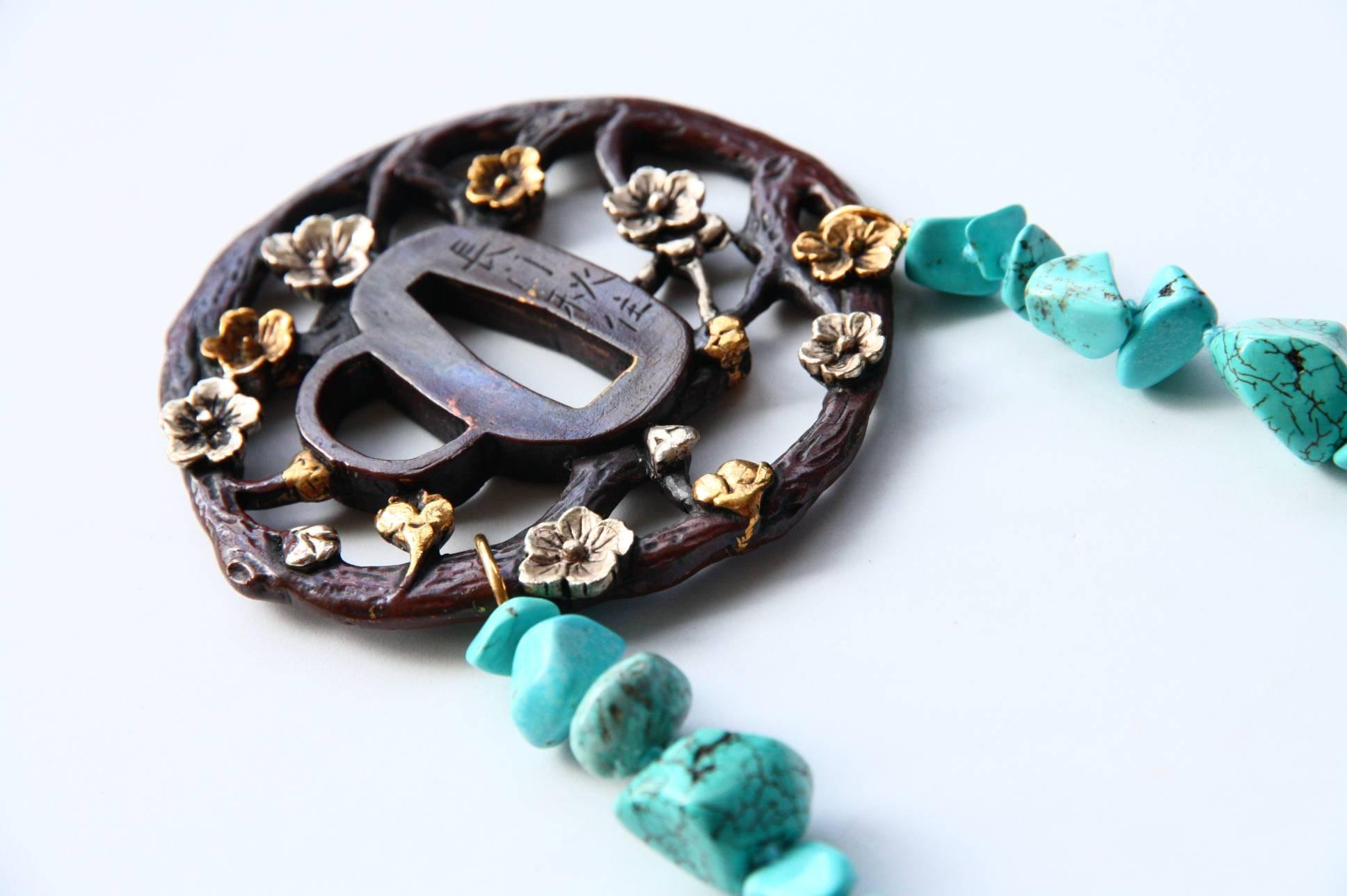 Artist Antiques Japanies Tsuba Turquoise 18 Karat Gold Long Necklace For Sale