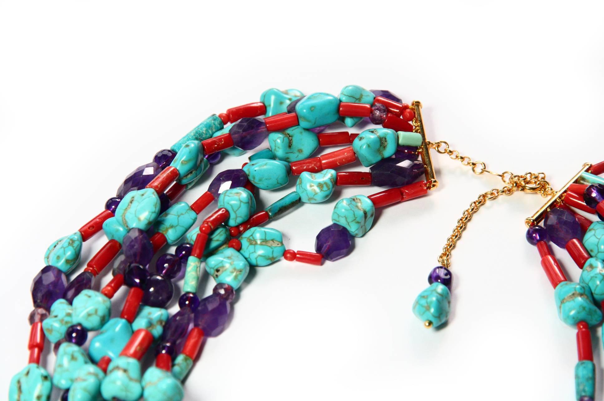 Art Nouveau Antiques Liberty Turquoise Coral Gold Necklace For Sale