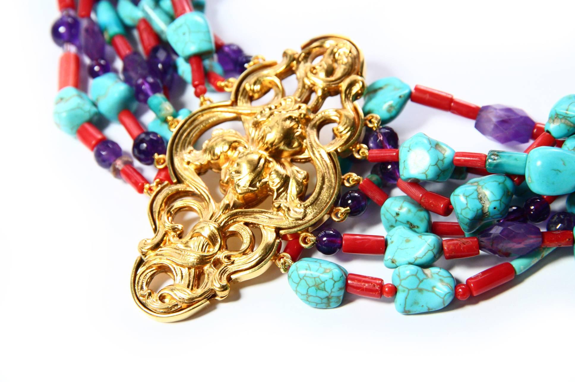 Antiques Liberty Turquoise Coral Gold Necklace In New Condition For Sale In Milan, IT