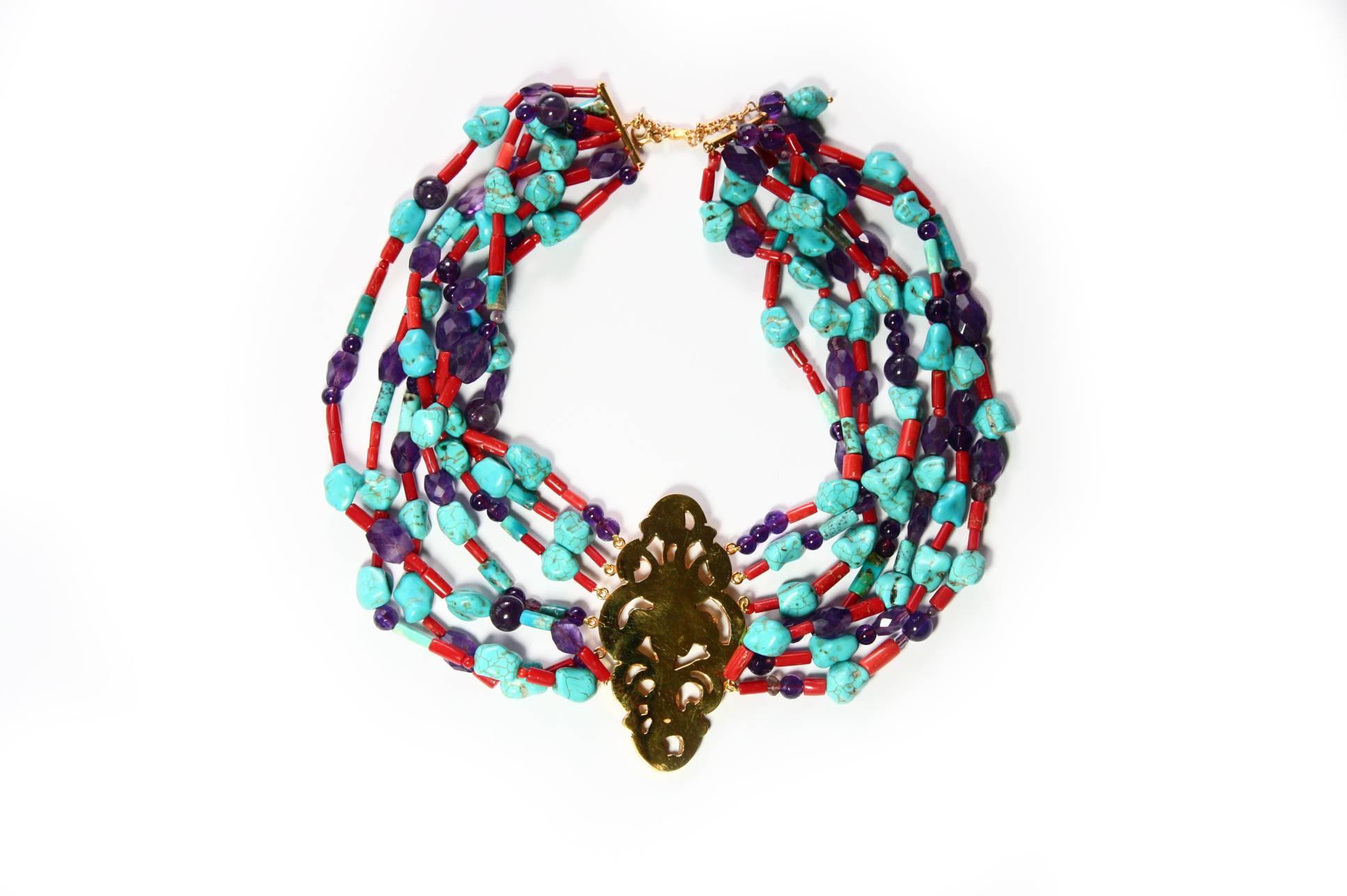 Antiquitäten Liberty Halskette aus Gold mit Türkis und Koralle Damen im Angebot