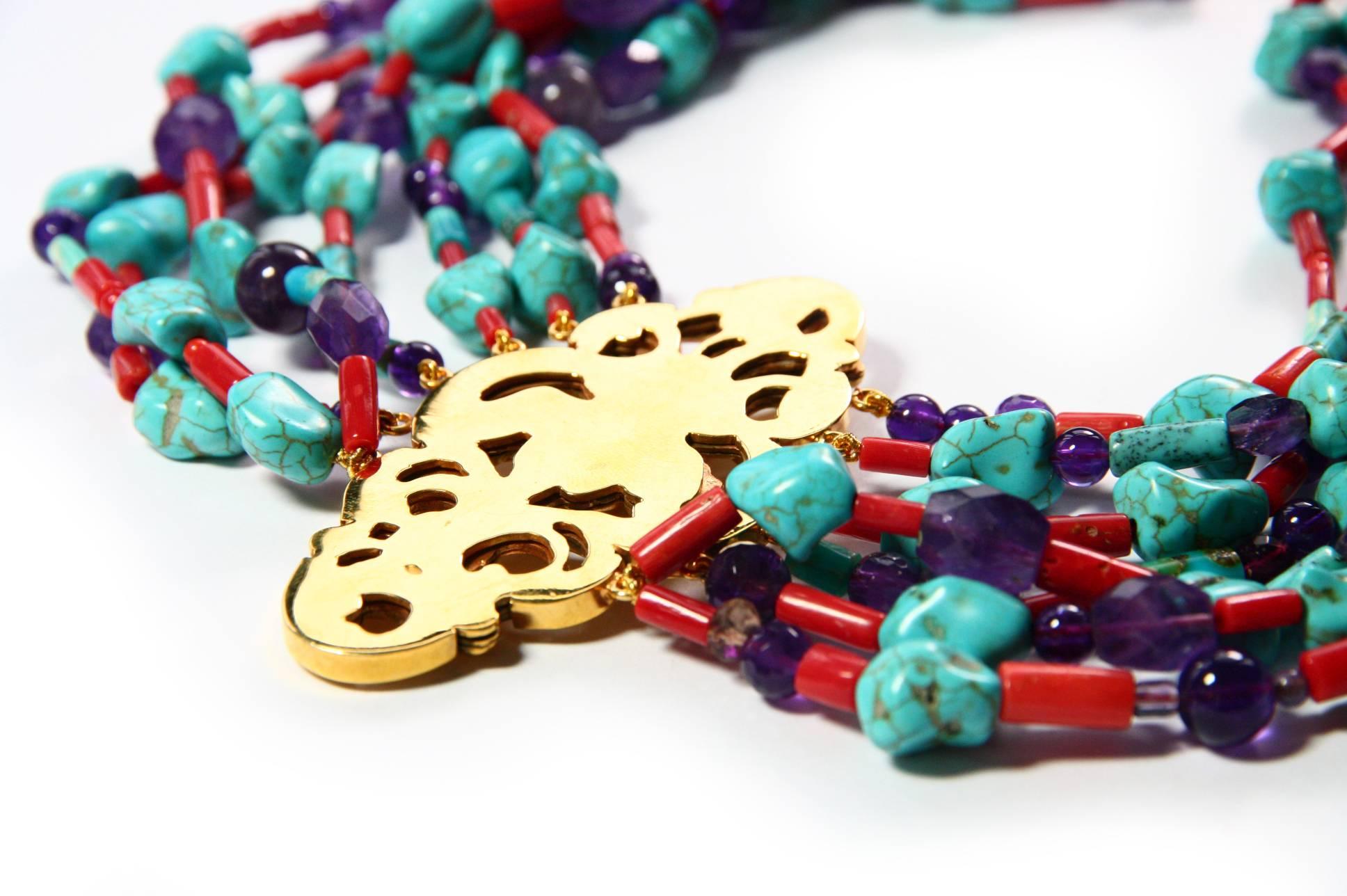 Antiquitäten Liberty Halskette aus Gold mit Türkis und Koralle im Angebot 1