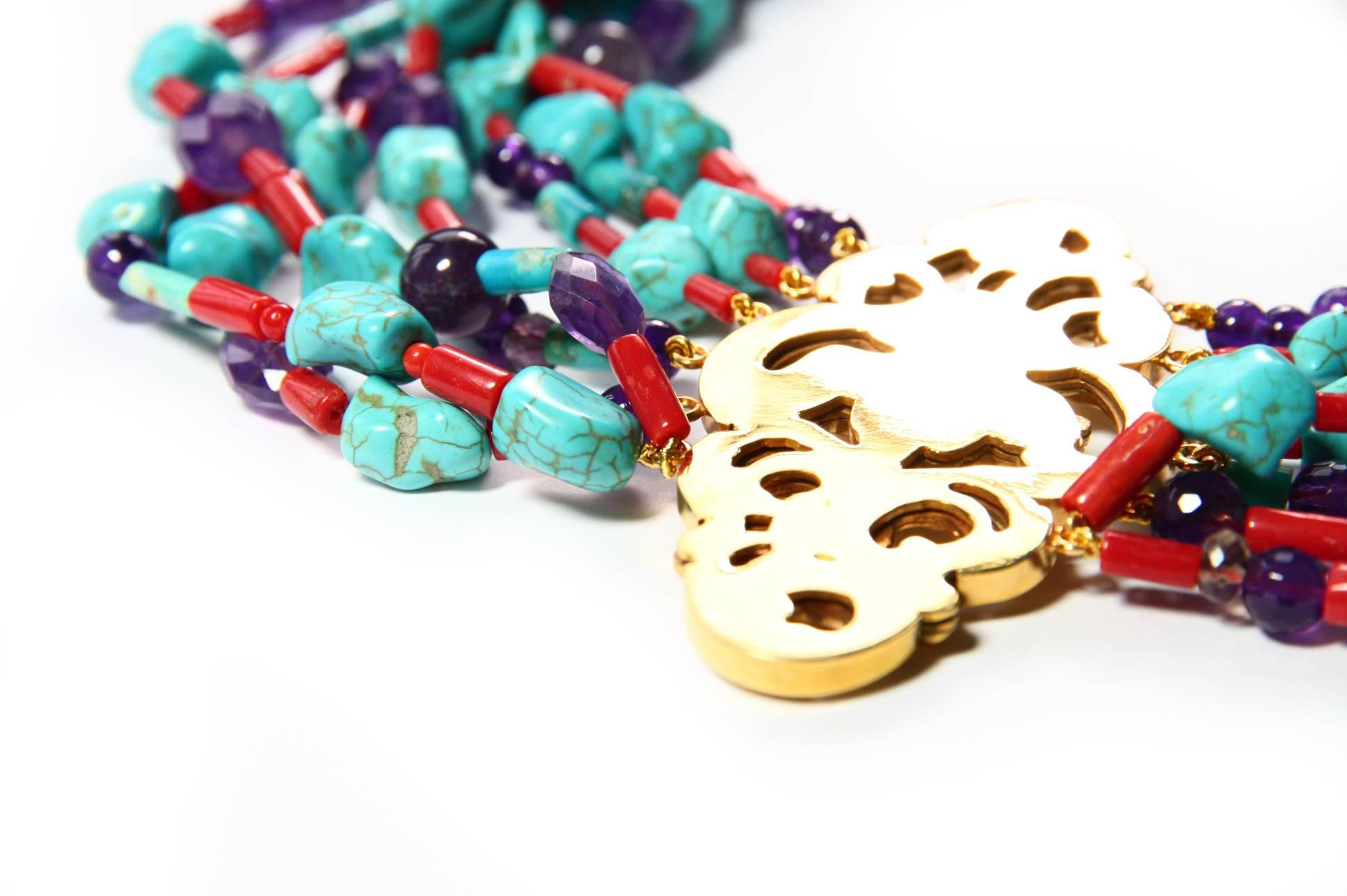 Antiquitäten Liberty Halskette aus Gold mit Türkis und Koralle im Angebot 2