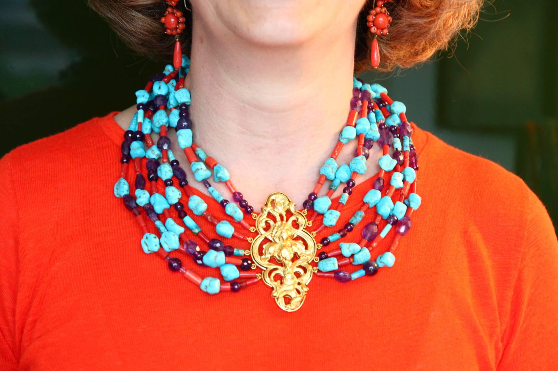 Antiques Liberty Turquoise Coral Gold Necklace For Sale 4
