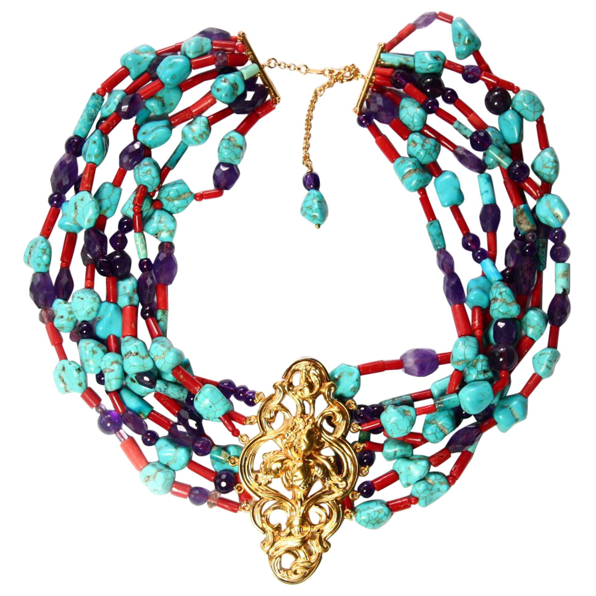 Antiques Liberty Turquoise Coral Gold Necklace For Sale