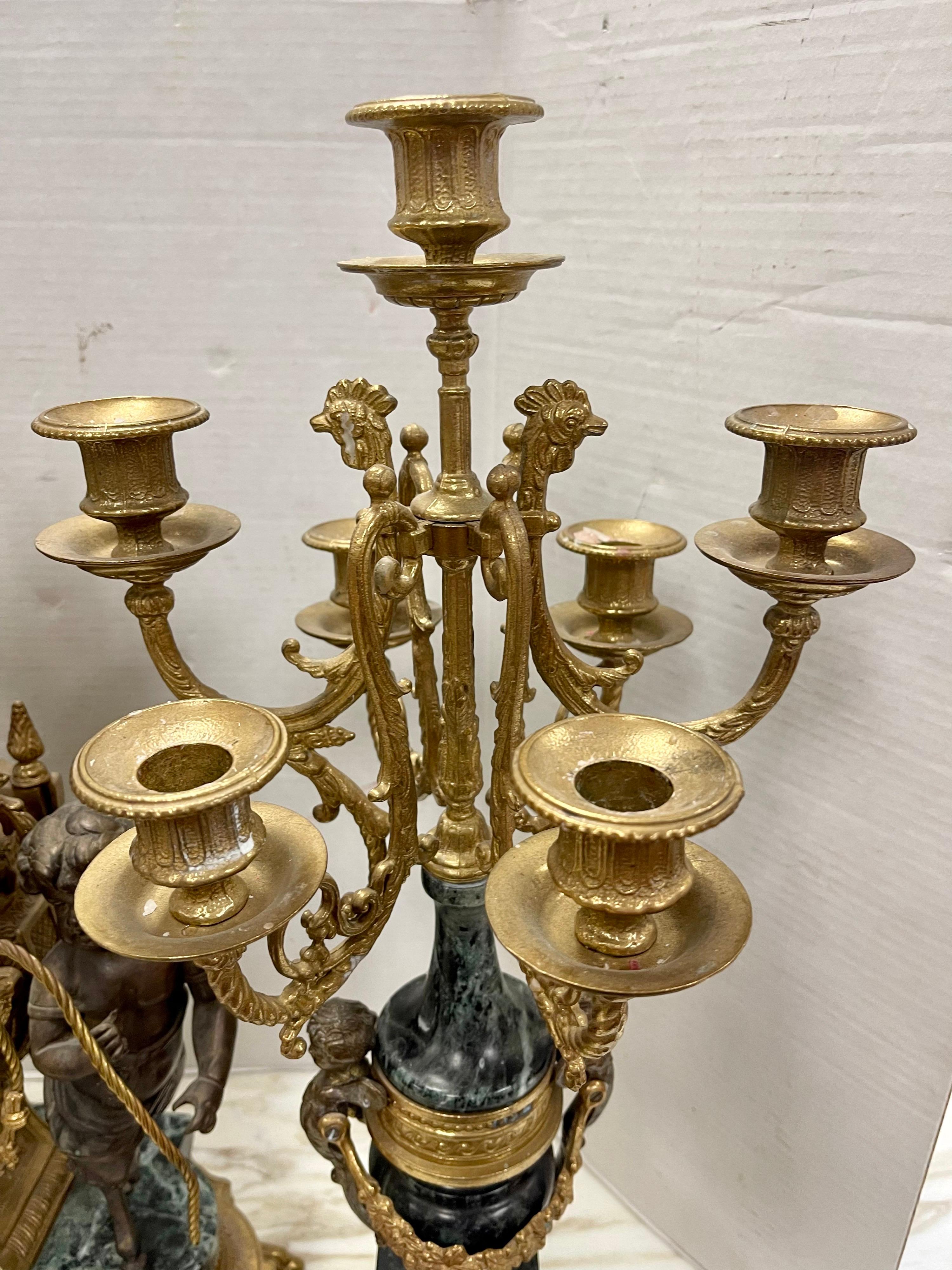 Antiques Louis XVI French Bronze and Marble Garniture Set Clock & Candelabras 6