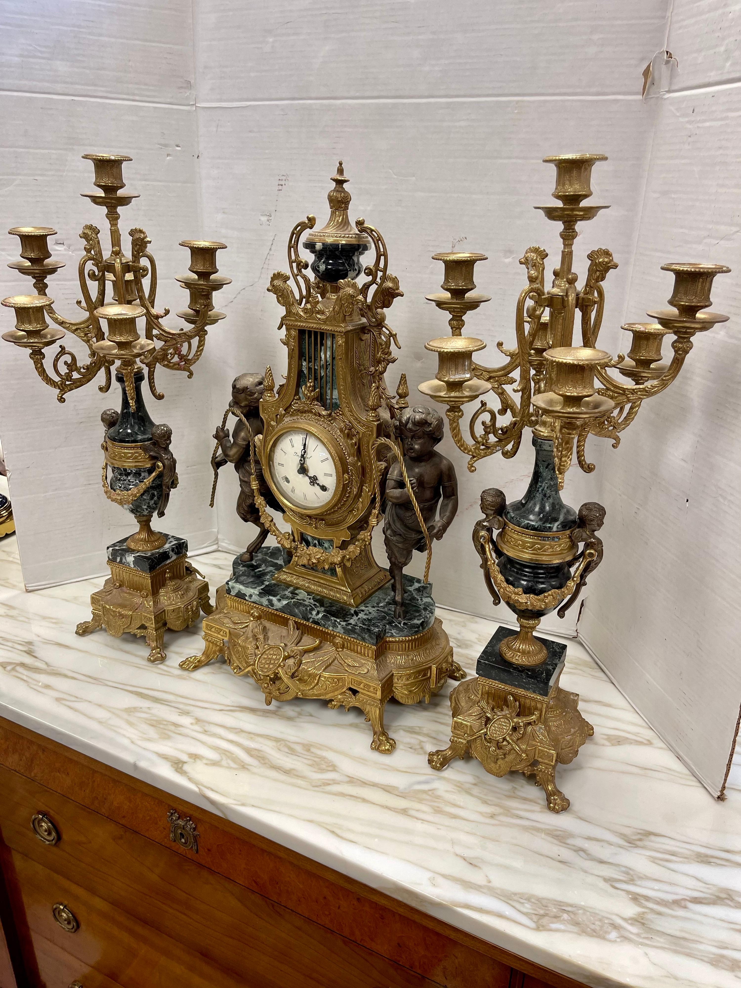 Antiques Louis XVI French Bronze and Marble Garniture Set Clock & Candelabras 7