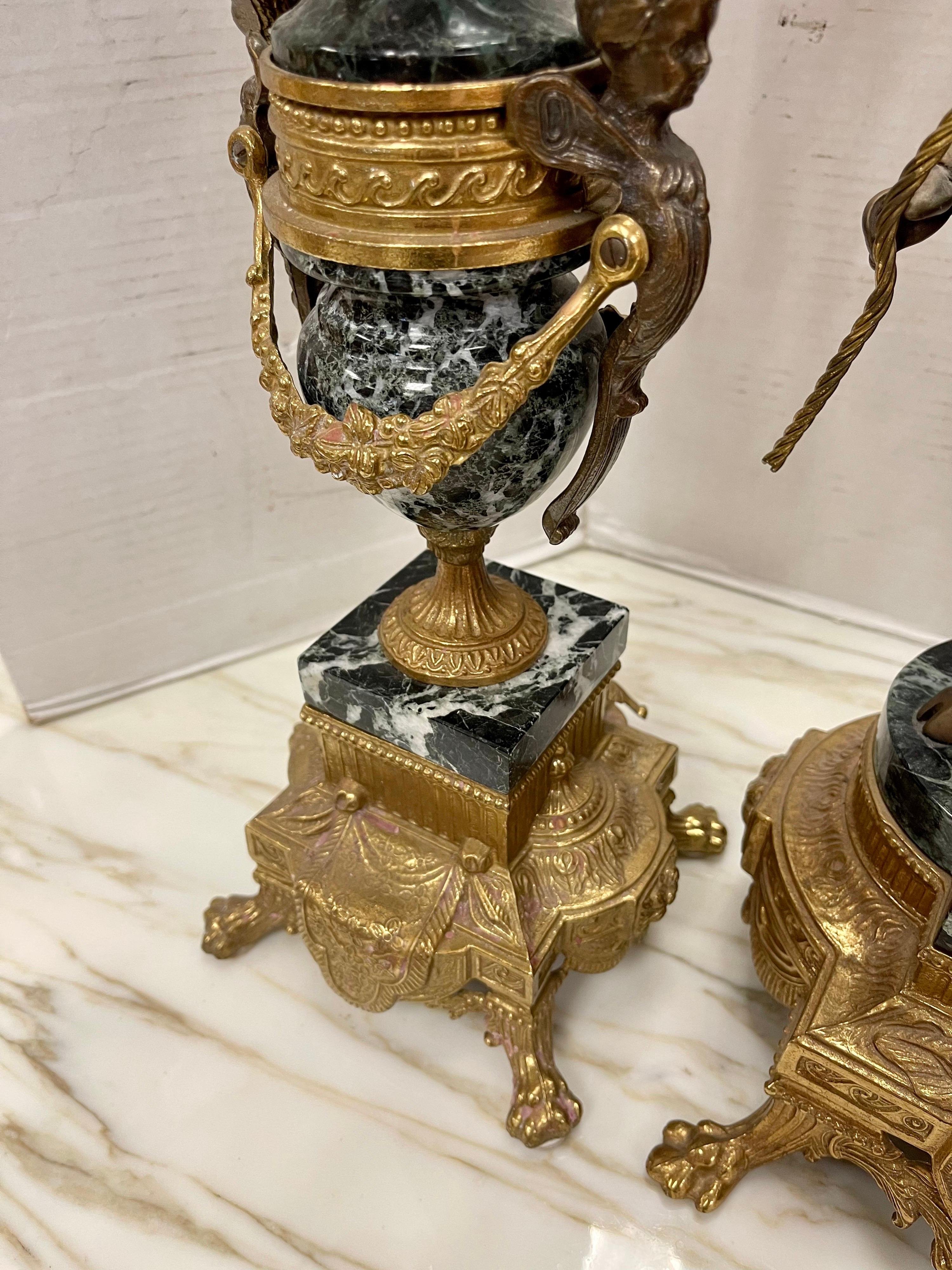 Antiques Louis XVI French Bronze and Marble Garniture Set Clock & Candelabras In Good Condition In West Hartford, CT