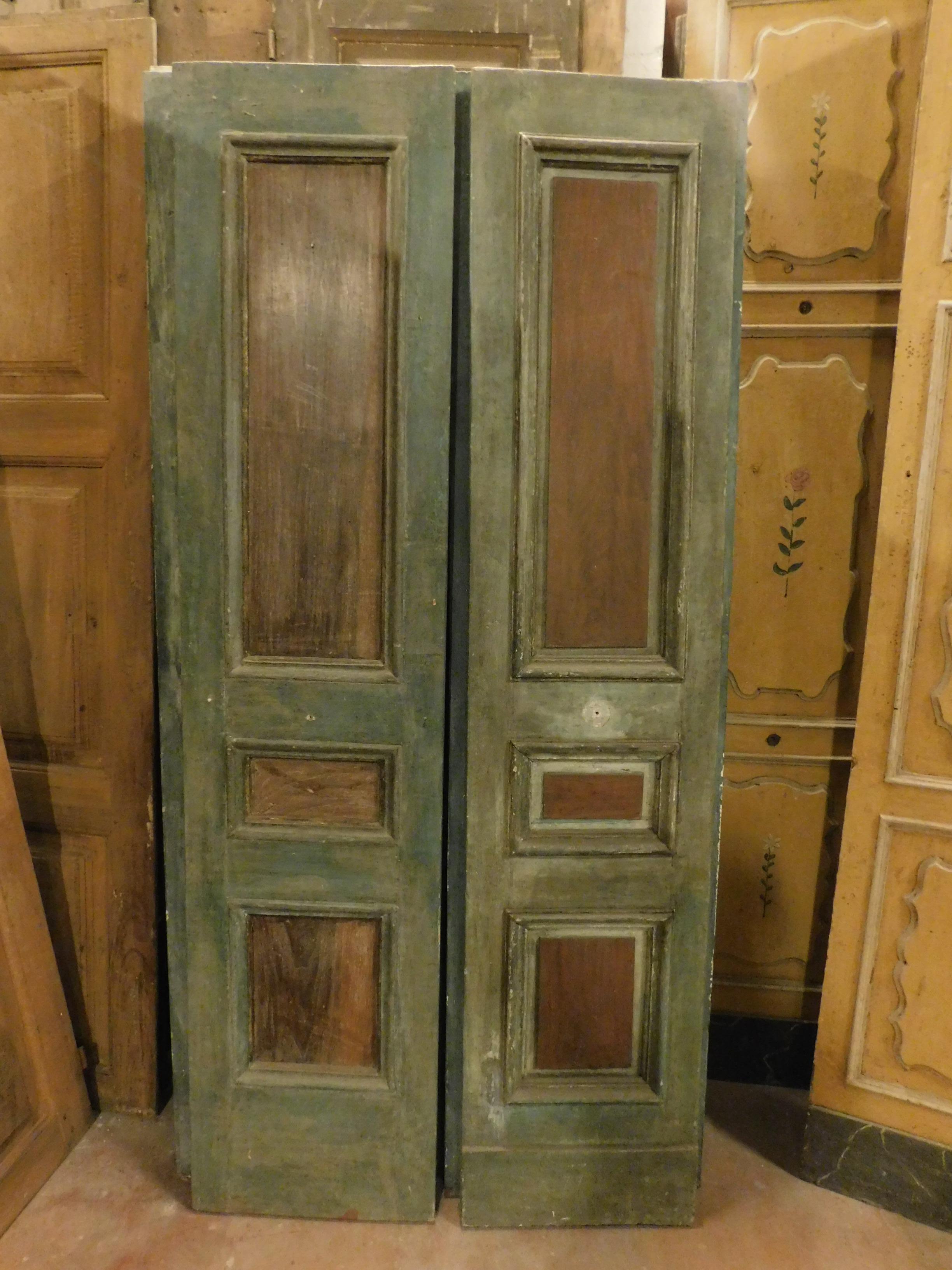 Ancient pair of double wooden doors, panels left in wood color
 and with only green lacquered molure, they are two frameless couples, beautiful in front and behind, made in the 19th century by an Italian craftsman.
They can be framed, or hung on