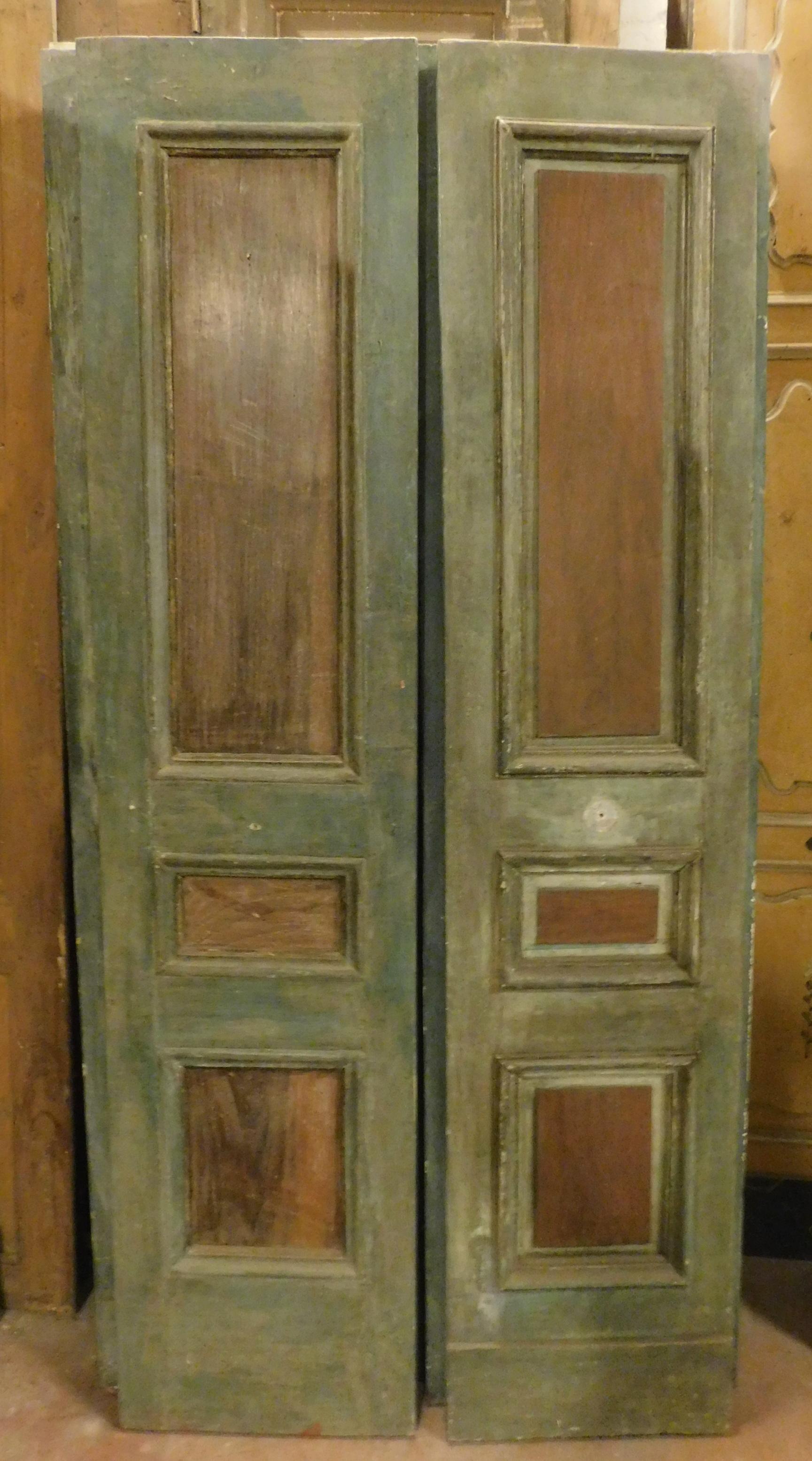 Paire de portes doubles en bois, moulure laquée verte, 1800, Italie Bon état - En vente à Cuneo, Italy (CN)