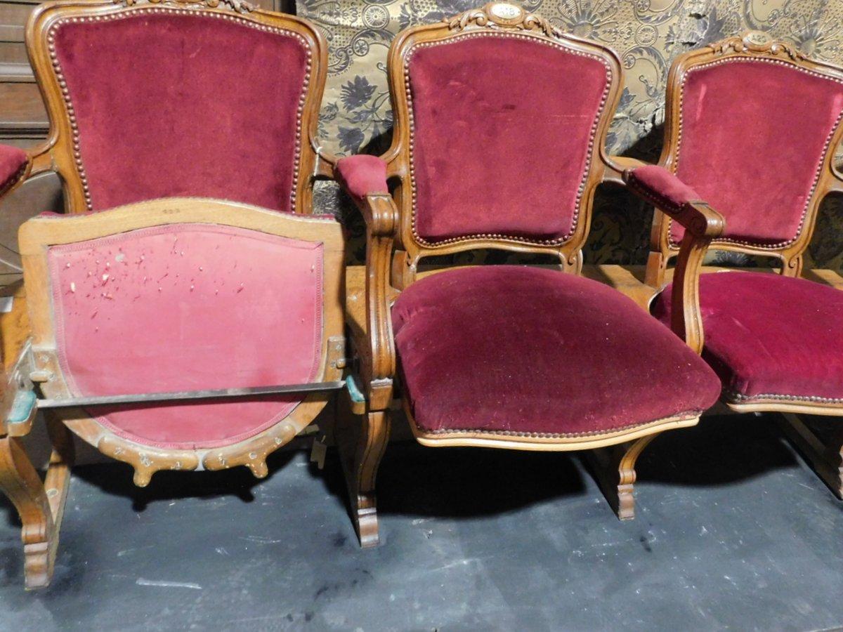 Antiques Row of Theater Seats and Children Seats, Wood and Red Velvet 1800 Italy 1