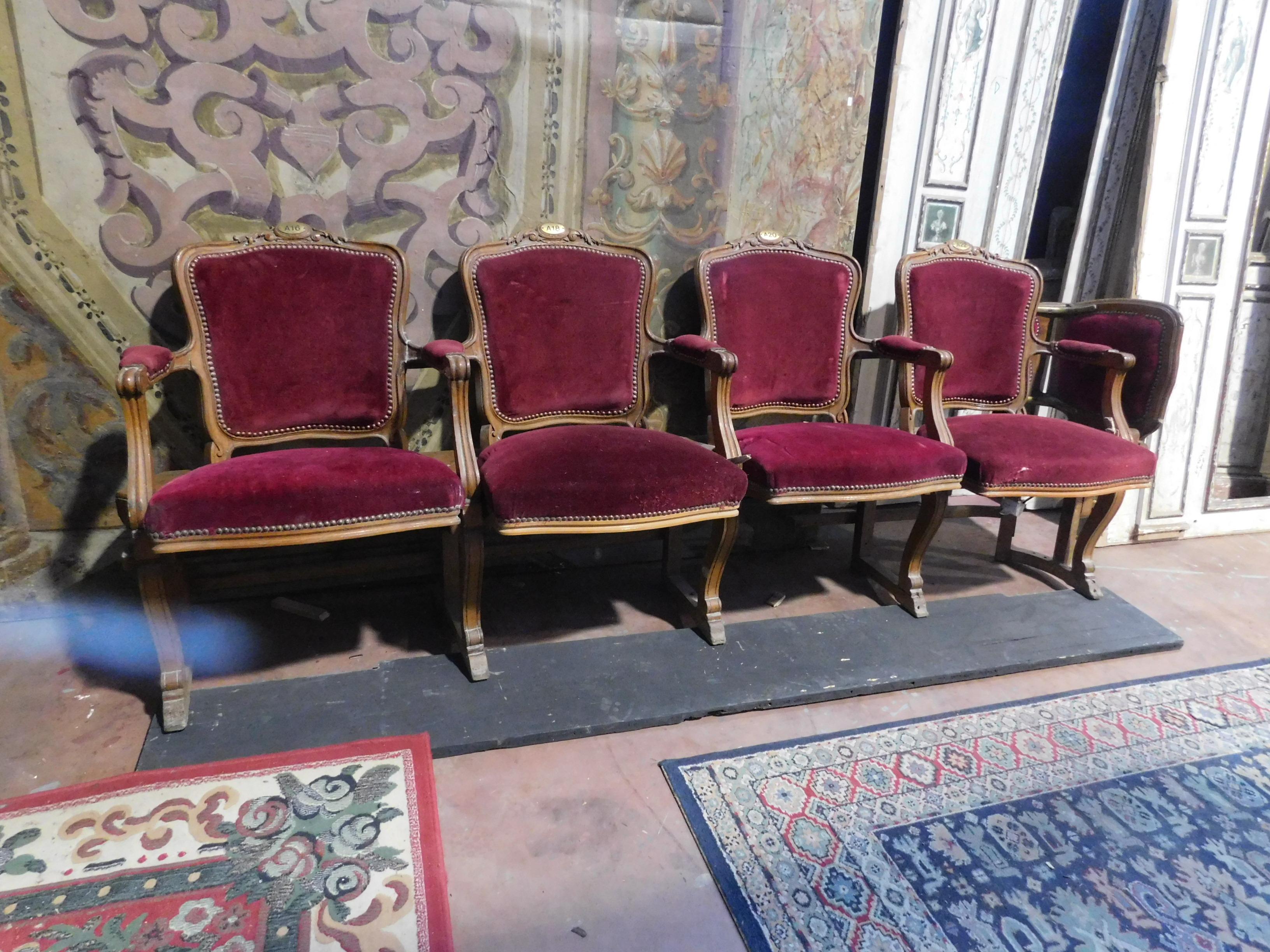 Antique row of 4 theater seats with folding seat, particular addition at the end of the row of a child seat, they are carved in hardwood and red velvet cushions, the seat is foldable but the single armchairs cannot be divided, built in the end 1800