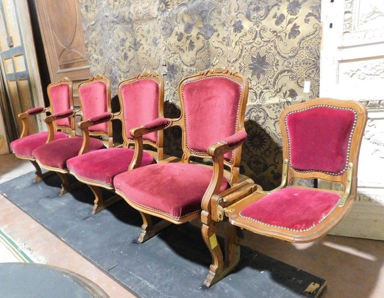 Antiques Row of Theater Seats and Children Seats, Wood and Red Velvet