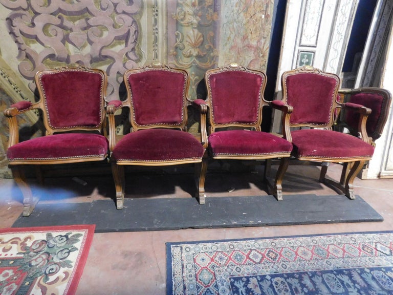 Antiques Row of Theater Seats and Children Seats, Wood and Red Velvet