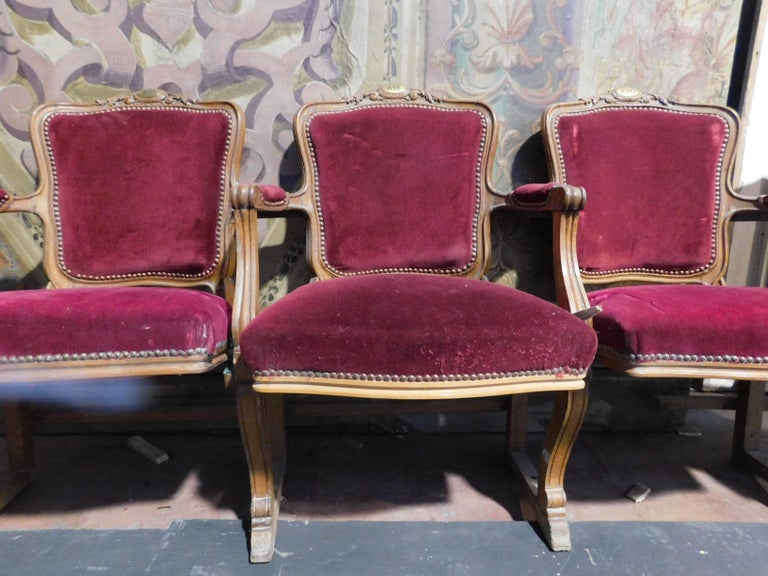 Antiques Row of Theater Seats and Children Seats, Wood and Red Velvet