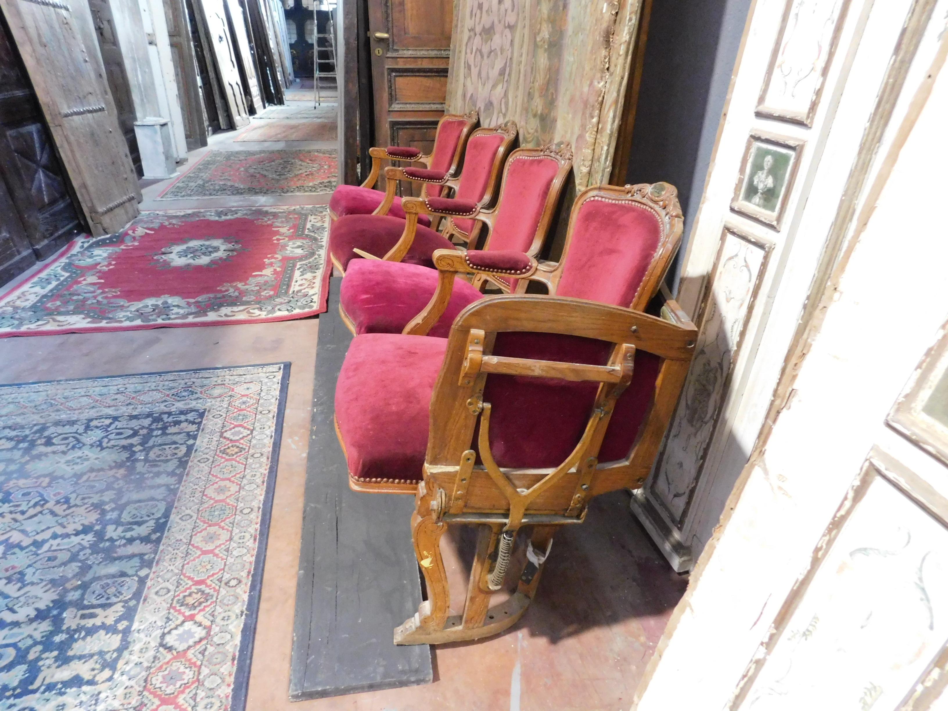 Italian Antiques Row of Theater Seats and Children Seats, Wood and Red Velvet 1800 Italy