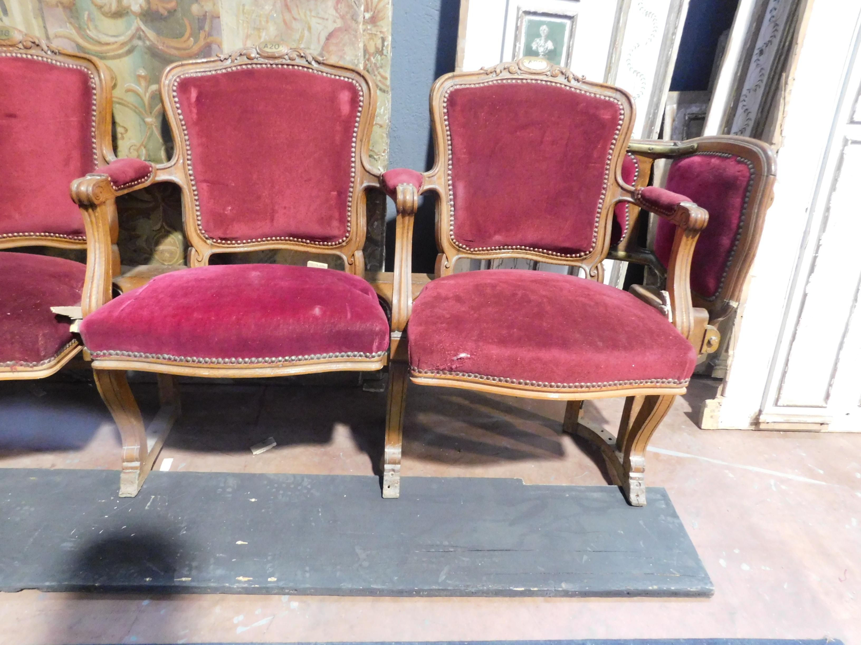 Hand-Carved Antiques Row of Theater Seats and Children Seats, Wood and Red Velvet 1800 Italy