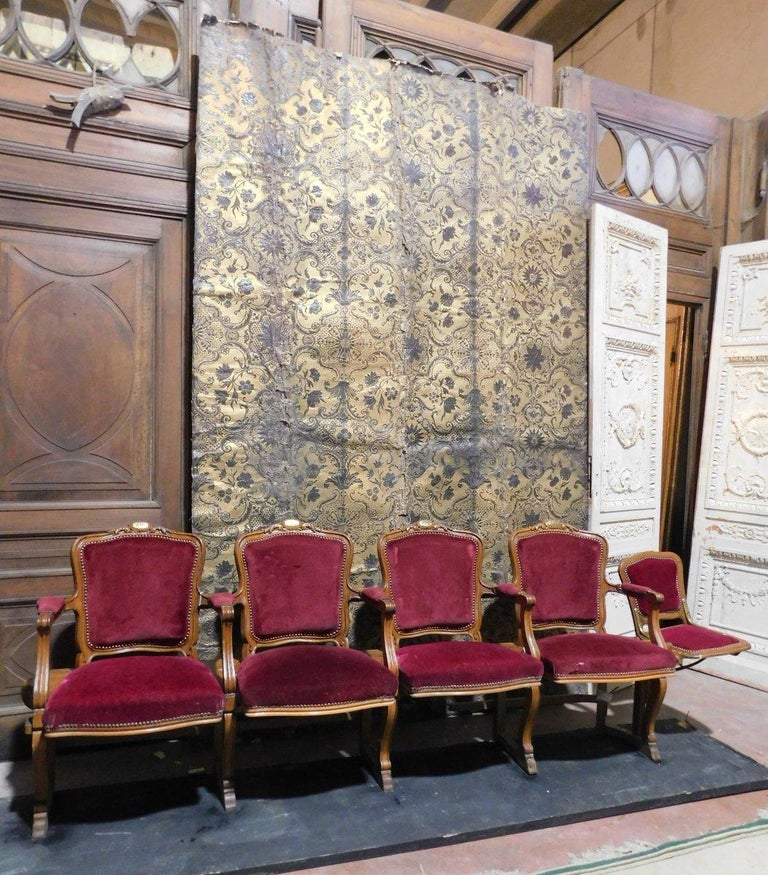 Antiques Row of Theater Seats and Children Seats, Wood and Red Velvet