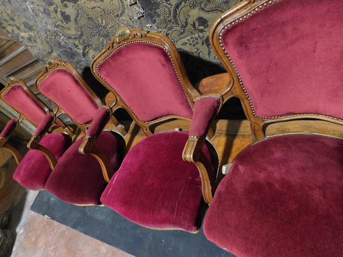 19th Century Antiques Row of Theater Seats and Children Seats, Wood and Red Velvet 1800 Italy