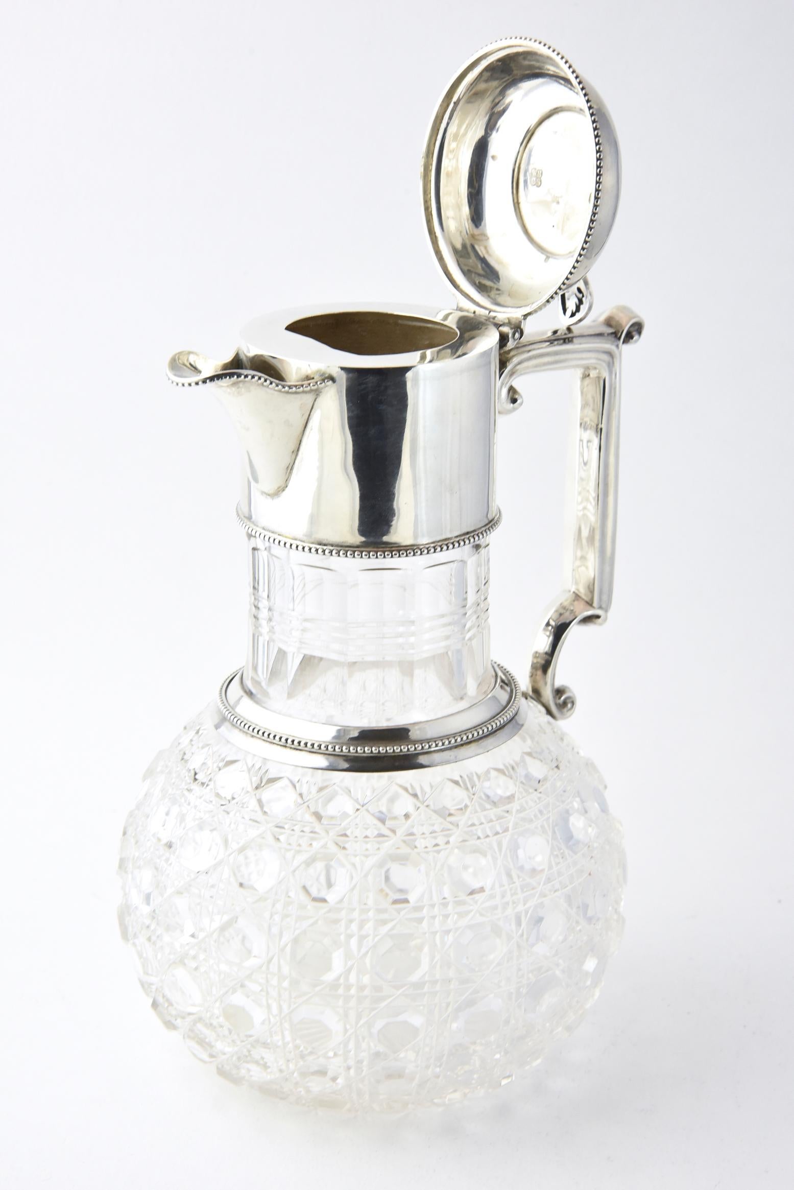 Antiques Victorian Sterling Silver & Hobnail Cut Crystal Claret Jug by Sissons In Good Condition In Miami Beach, FL