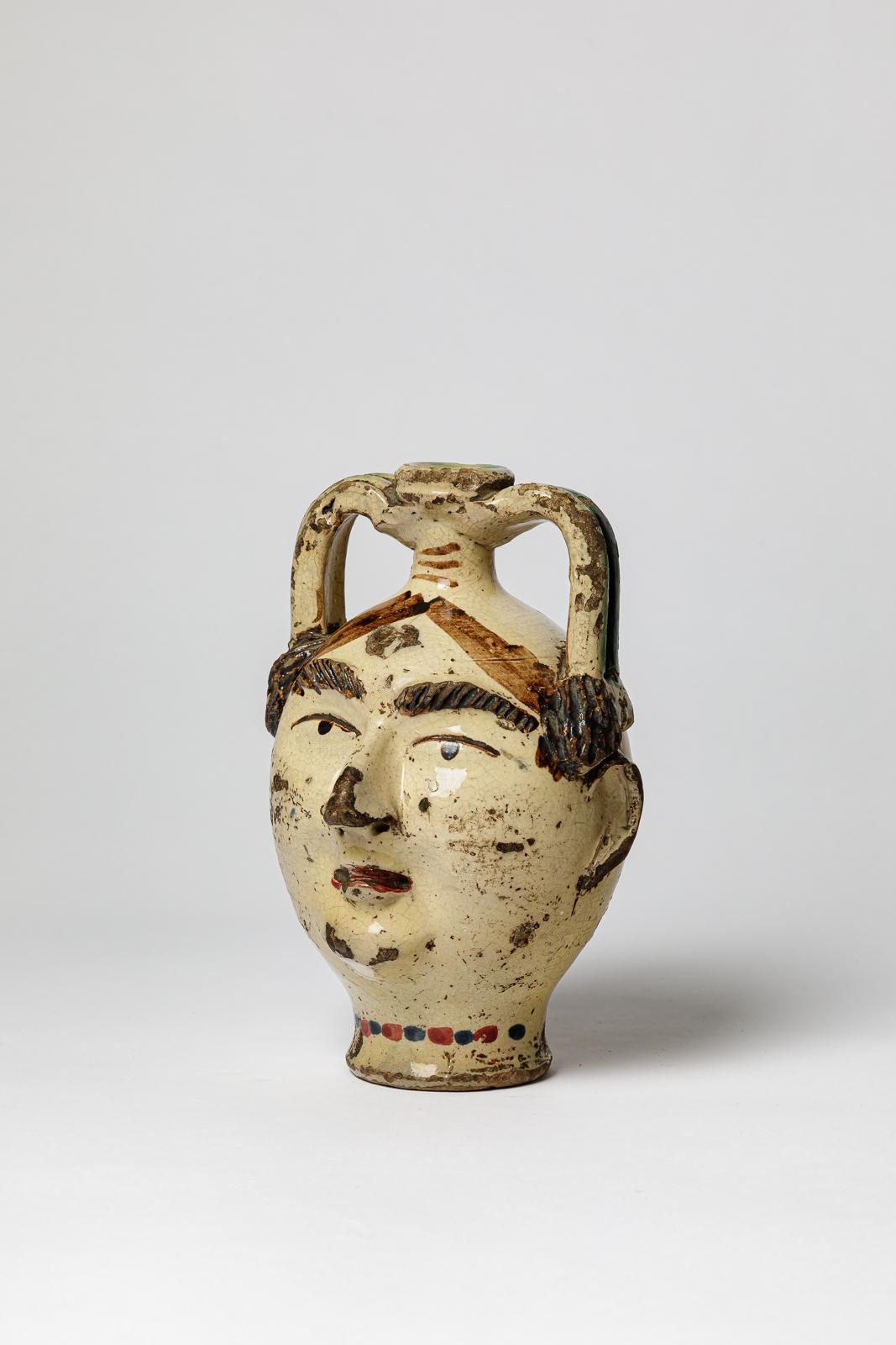 Sicilien Ancien vase ou cruche à tête de femme sicilienne peint du XIXe siècle, 1850 en vente