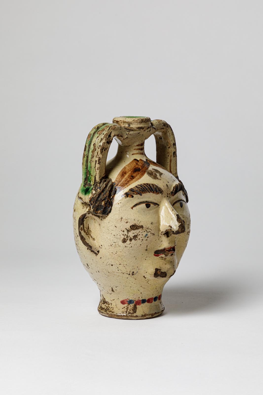 Ancien vase ou cruche à tête de femme sicilienne peint du XIXe siècle, 1850 en vente 1