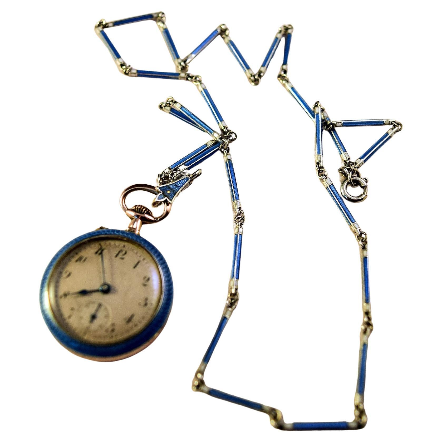  AntiqueSilver Blue enamel Ladies Fob Watch on a blue matching enamel link chain In Good Condition In London, GB