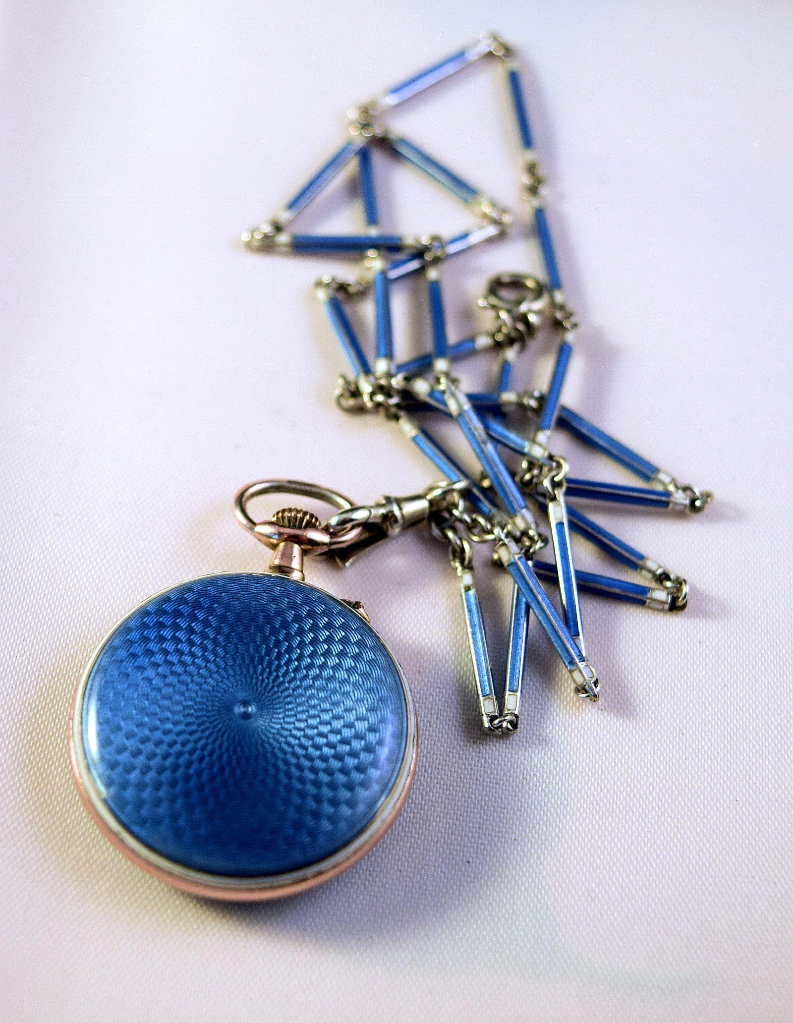 Women's or Men's  AntiqueSilver Blue enamel Ladies Fob Watch on a blue matching enamel link chain
