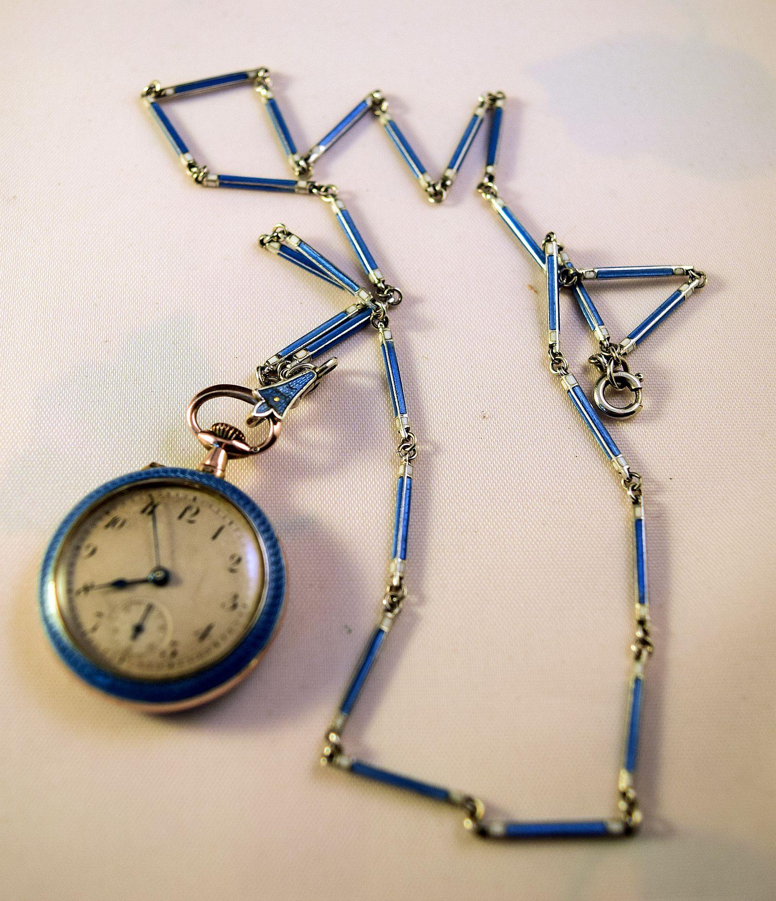  AntiqueSilver Blue enamel Ladies Fob Watch on a blue matching enamel link chain 1