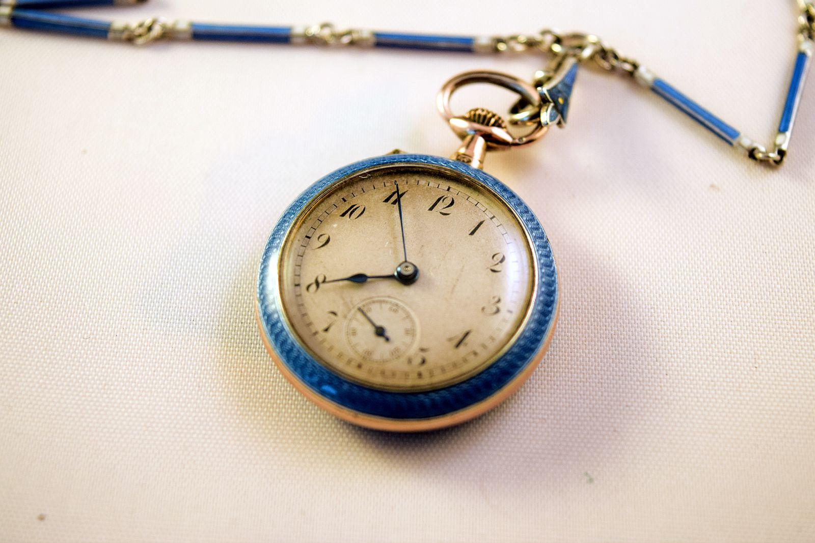  AntiqueSilver Blue enamel Ladies Fob Watch on a blue matching enamel link chain 2
